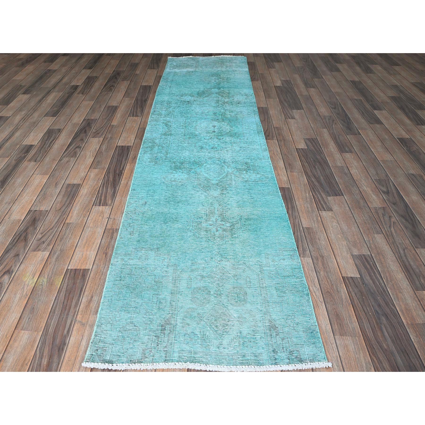 2'5"x10' Turquoise Blue, Overdyed Vintage Persian Tabriz, Distressed and Worn, Shaved Down, Sides and Ends Professionally Secured, Hand Knotted, 100% Wool, Fragment, Narrow Runner, Oriental Rug Sh936