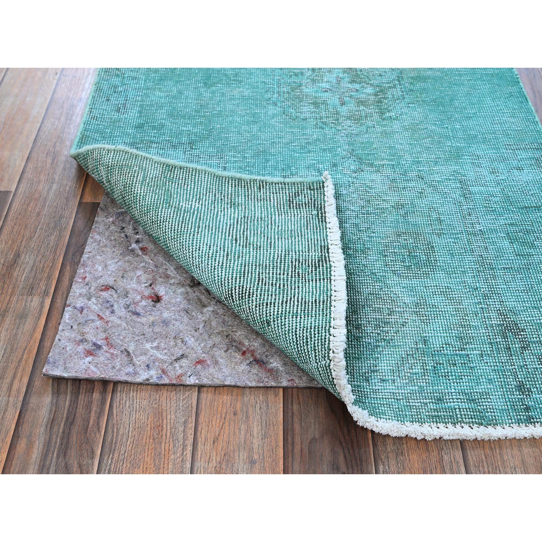 2'5"x10' Turquoise Blue, Overdyed Vintage Persian Tabriz, Distressed and Worn, Shaved Down, Sides and Ends Professionally Secured, Hand Knotted, 100% Wool, Fragment, Narrow Runner, Oriental Rug Sh936