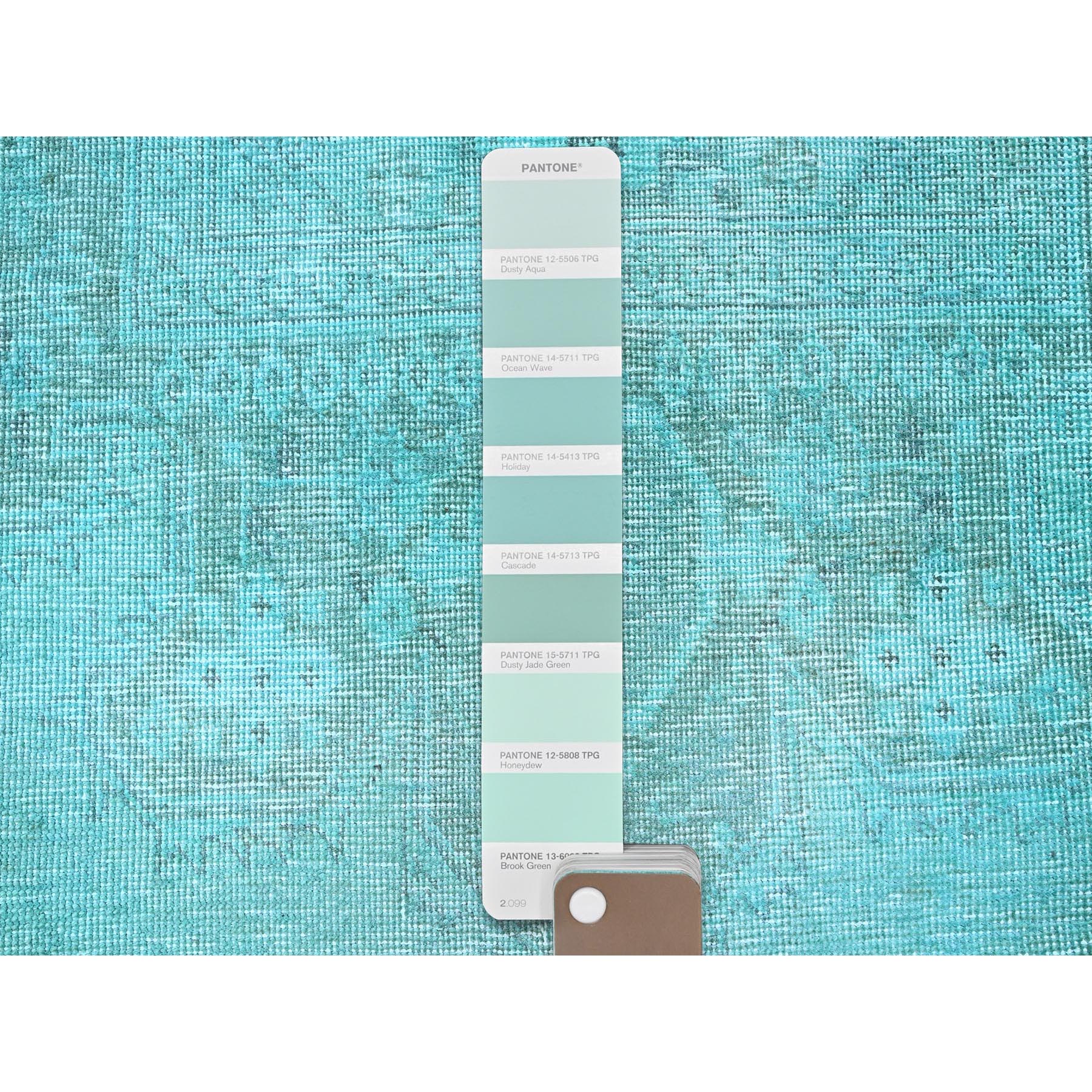 2'5"x10' Turquoise Blue, Overdyed Vintage Persian Tabriz, Distressed and Worn, Shaved Down, Sides and Ends Professionally Secured, Hand Knotted, 100% Wool, Fragment, Narrow Runner, Oriental Rug Sh936