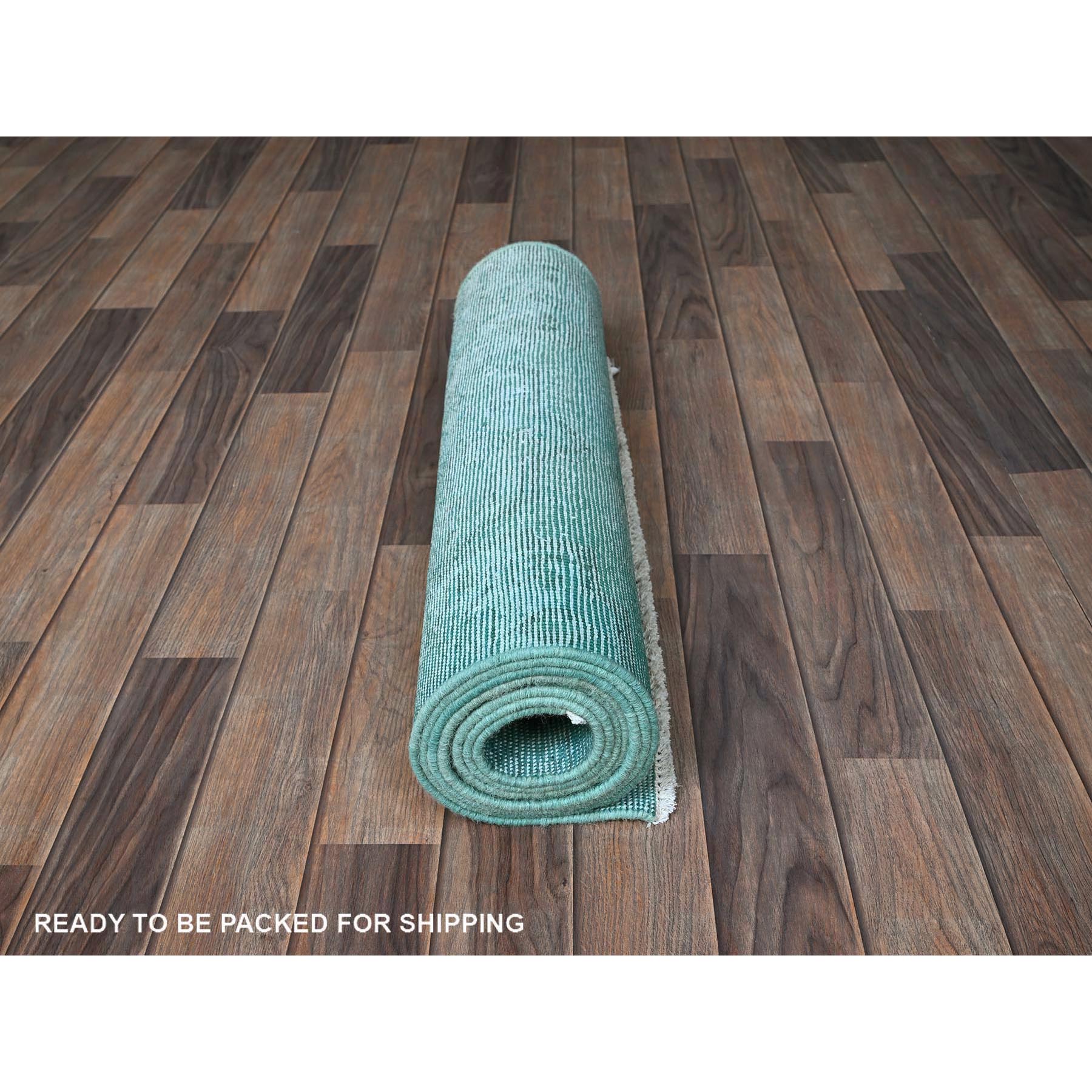2'5"x10' Turquoise Blue, Overdyed Vintage Persian Tabriz, Distressed and Worn, Shaved Down, Sides and Ends Professionally Secured, Hand Knotted, 100% Wool, Fragment, Narrow Runner, Oriental Rug Sh936