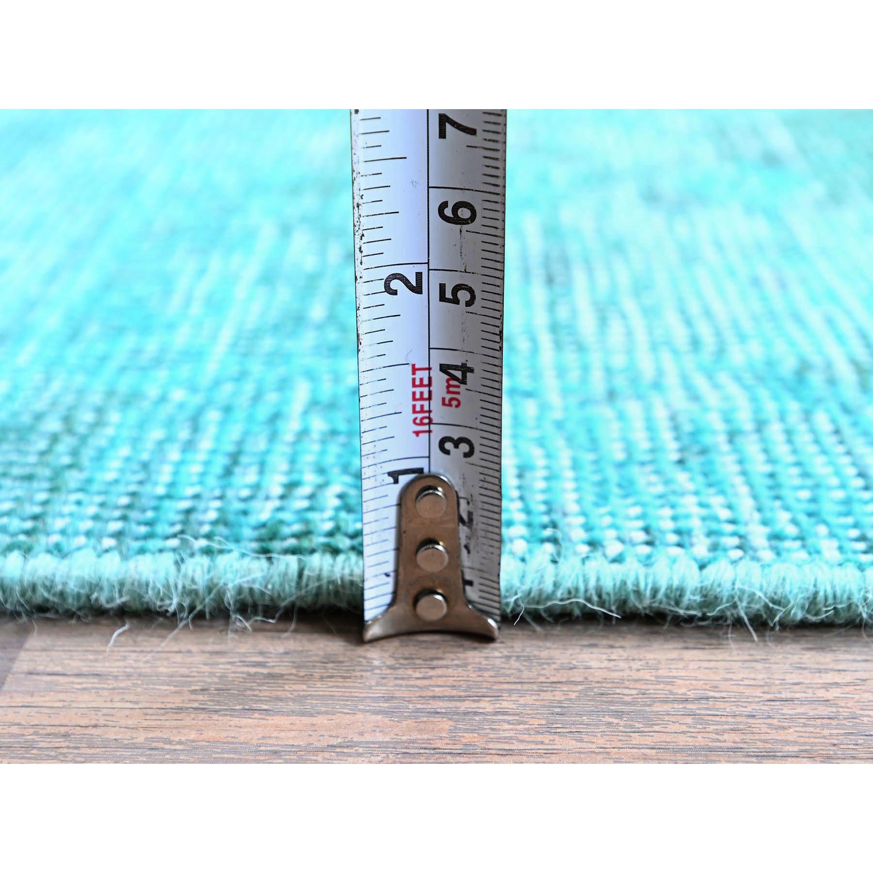 2'5"x10' Turquoise Blue, Overdyed Vintage Persian Tabriz, Distressed and Worn, Shaved Down, Sides and Ends Professionally Secured, Hand Knotted, 100% Wool, Fragment, Narrow Runner, Oriental Rug Sh936