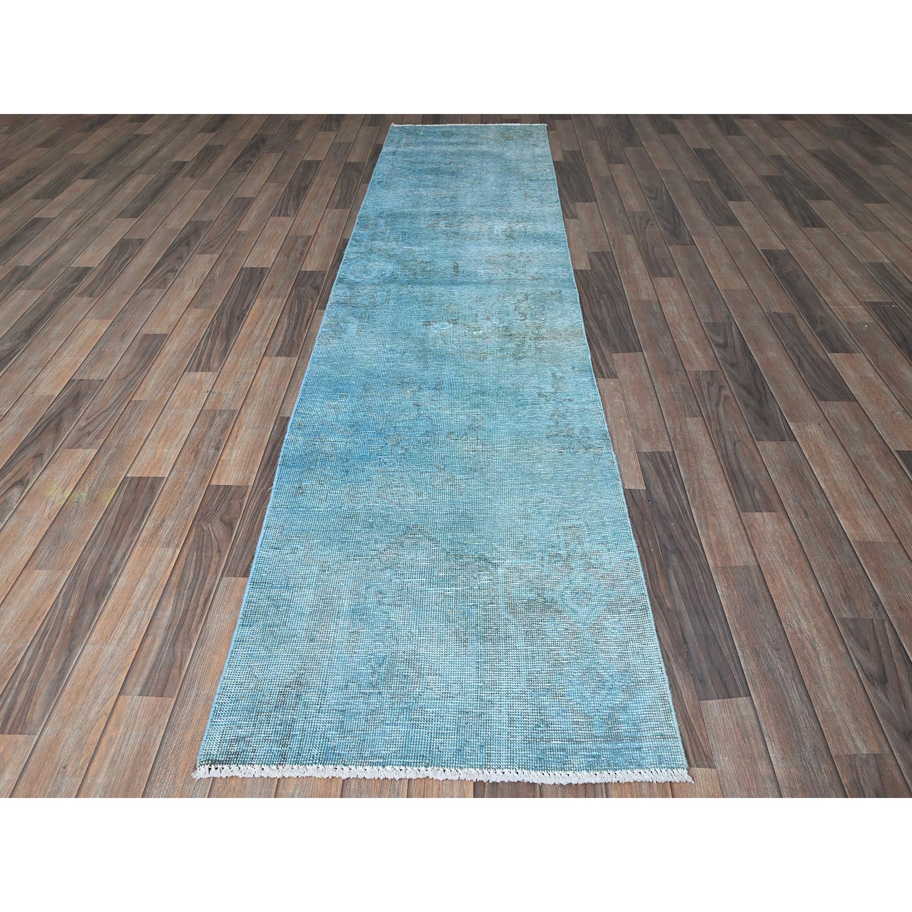 2'5"x9'10" Aqua Blue, Overdyed Vintage Persian Tabriz, Worn and Distressed, Sides and Ends Professionally Secured, Sheared Low, Hand Knotted, 100% Wool, Fragment, Narrow Runner, Oriental Rug Sh937