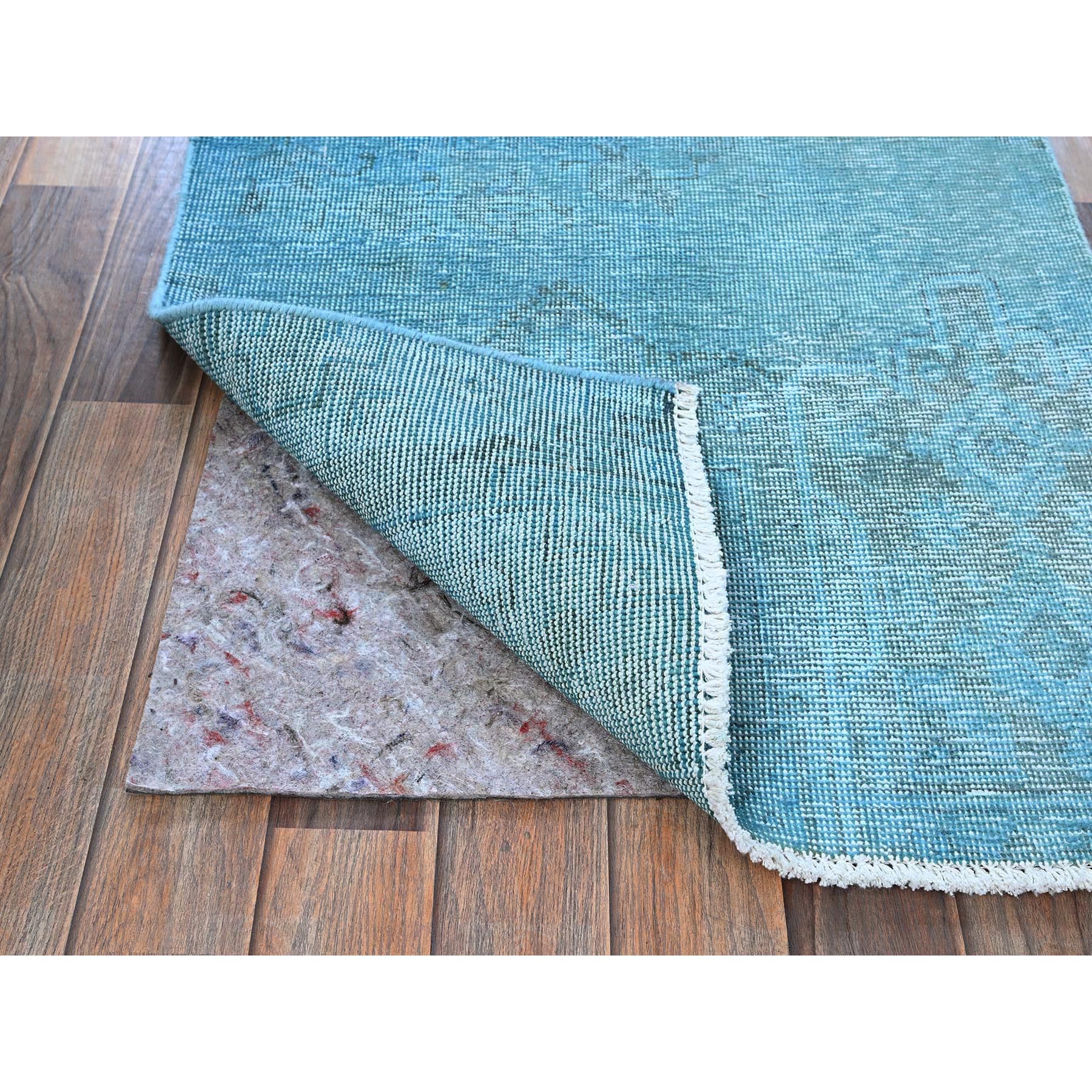 2'5"x9'10" Aqua Blue, Overdyed Vintage Persian Tabriz, Worn and Distressed, Sides and Ends Professionally Secured, Sheared Low, Hand Knotted, 100% Wool, Fragment, Narrow Runner, Oriental Rug Sh937