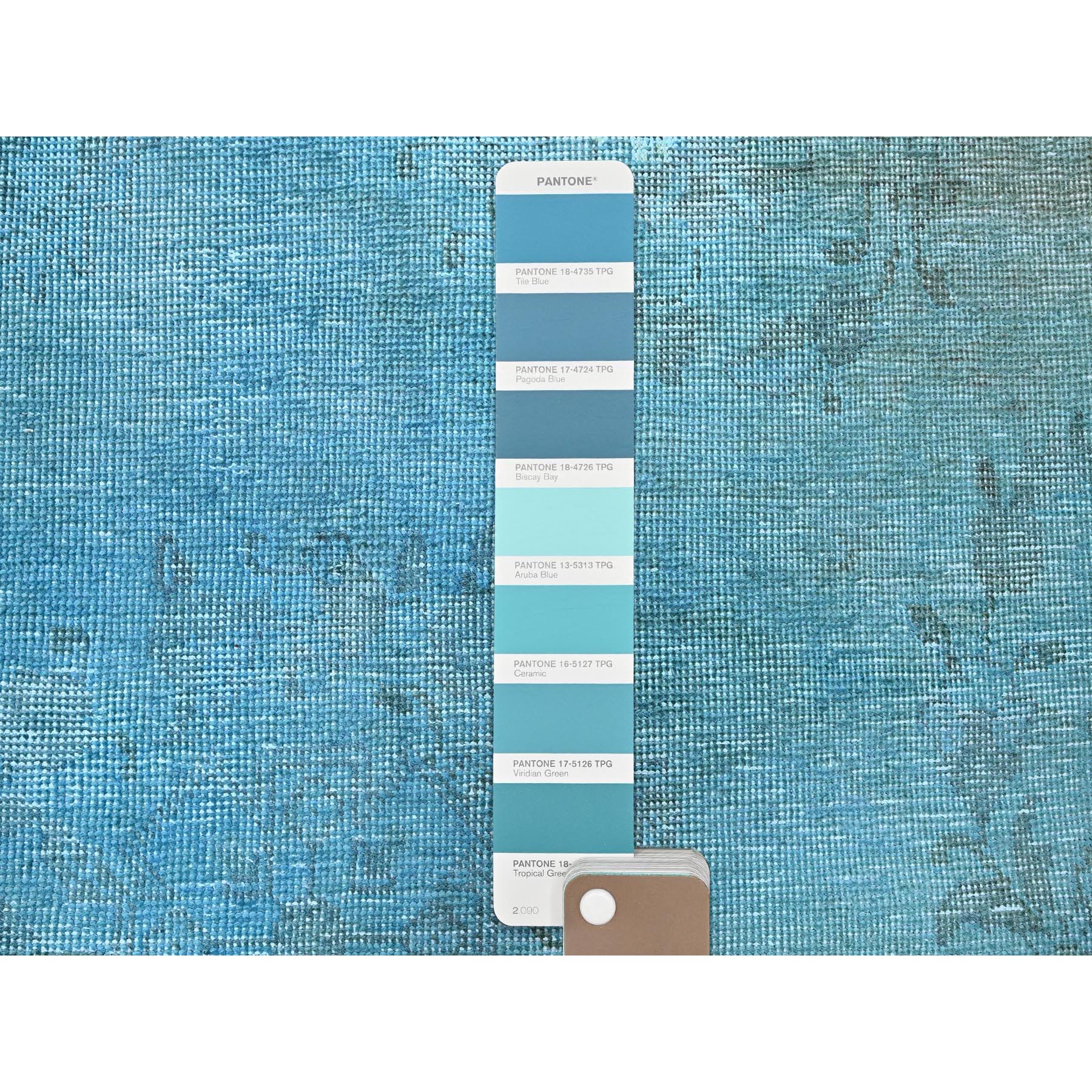 2'5"x9'10" Aqua Blue, Overdyed Vintage Persian Tabriz, Worn and Distressed, Sides and Ends Professionally Secured, Sheared Low, Hand Knotted, 100% Wool, Fragment, Narrow Runner, Oriental Rug Sh937