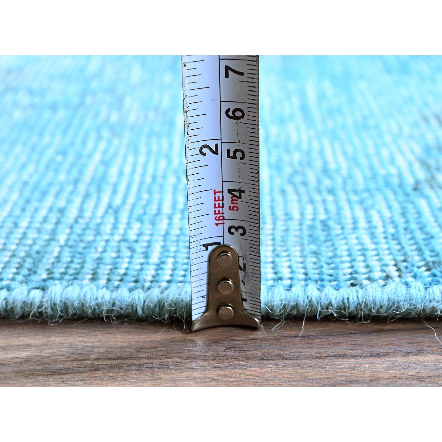 2'5"x9'10" Aqua Blue, Overdyed Vintage Persian Tabriz, Worn and Distressed, Sides and Ends Professionally Secured, Sheared Low, Hand Knotted, 100% Wool, Fragment, Narrow Runner, Oriental Rug Sh937