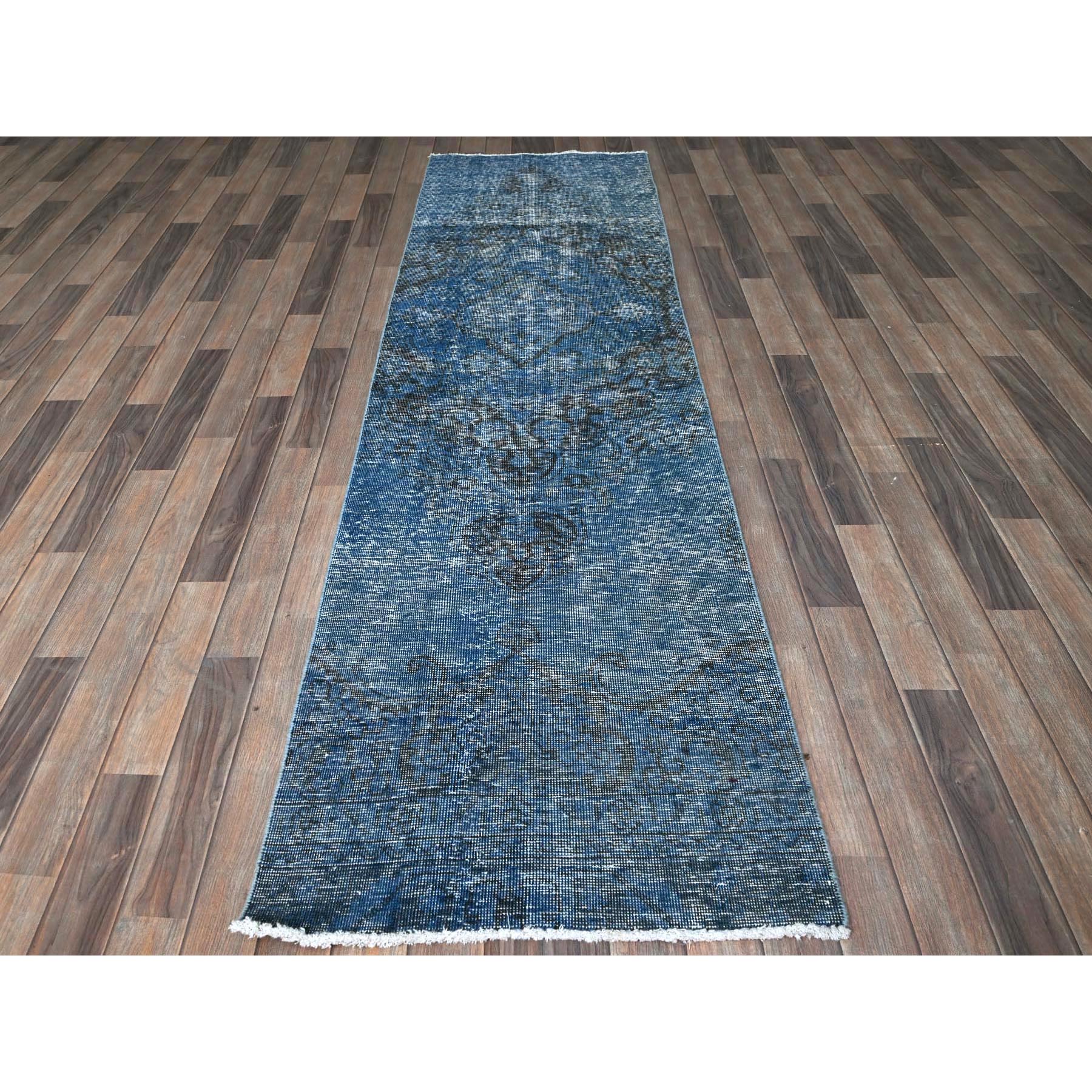 2'6"x8'10" Denim Blue, Overdyed Vintage Persian Tabriz, Worn and Distressed, Sides and Ends Professionally Secured, Shaved Low, Hand Knotted, 100% Wool, Fragment, Runner, Oriental Rug Sh938