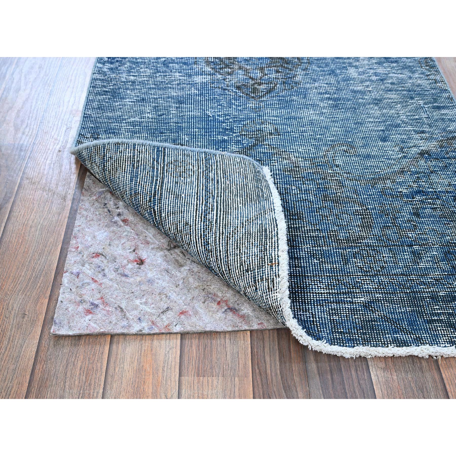 2'6"x8'10" Denim Blue, Overdyed Vintage Persian Tabriz, Worn and Distressed, Sides and Ends Professionally Secured, Shaved Low, Hand Knotted, 100% Wool, Fragment, Runner, Oriental Rug Sh938