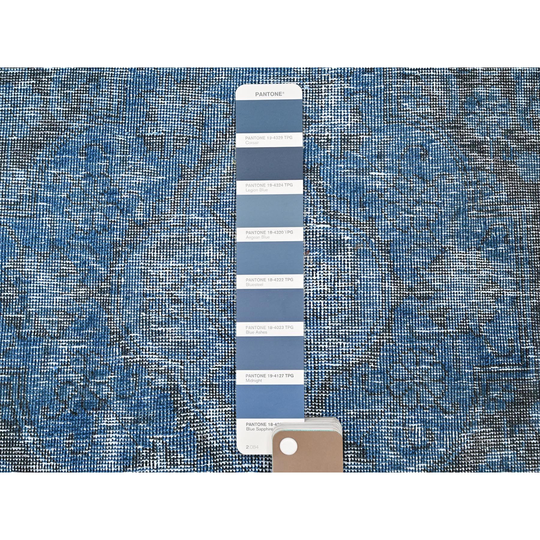 2'6"x8'10" Denim Blue, Overdyed Vintage Persian Tabriz, Worn and Distressed, Sides and Ends Professionally Secured, Shaved Low, Hand Knotted, 100% Wool, Fragment, Runner, Oriental Rug Sh938