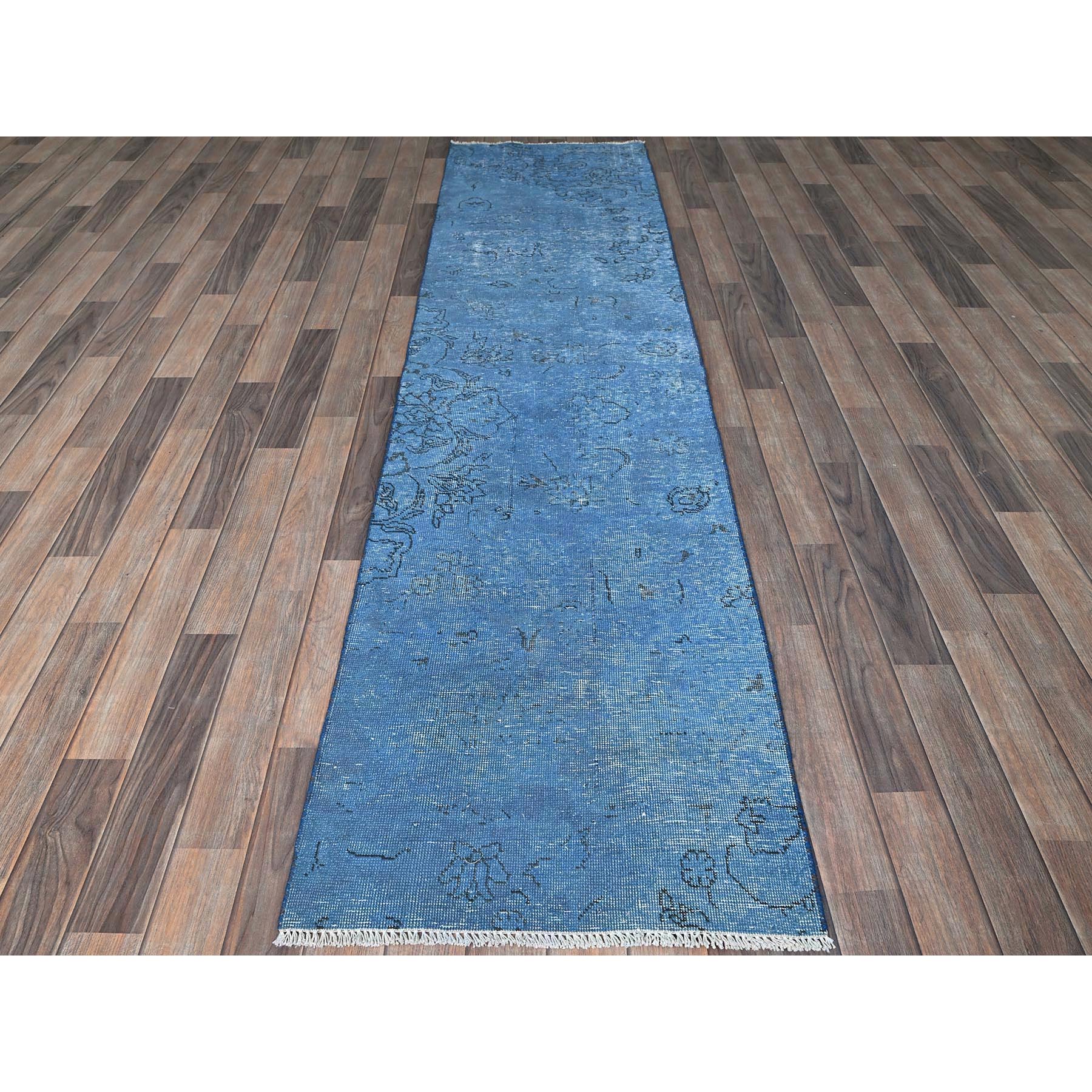 2'2"x9' Bayern Blue, Overdyed Vintage Persian Tabriz, Worn and Distressed, Sides and Ends Professionally Secured, Cropped Thin, Hand Knotted, 100% Wool, Fragment, Narrow Runner, Oriental Rug Sh940
