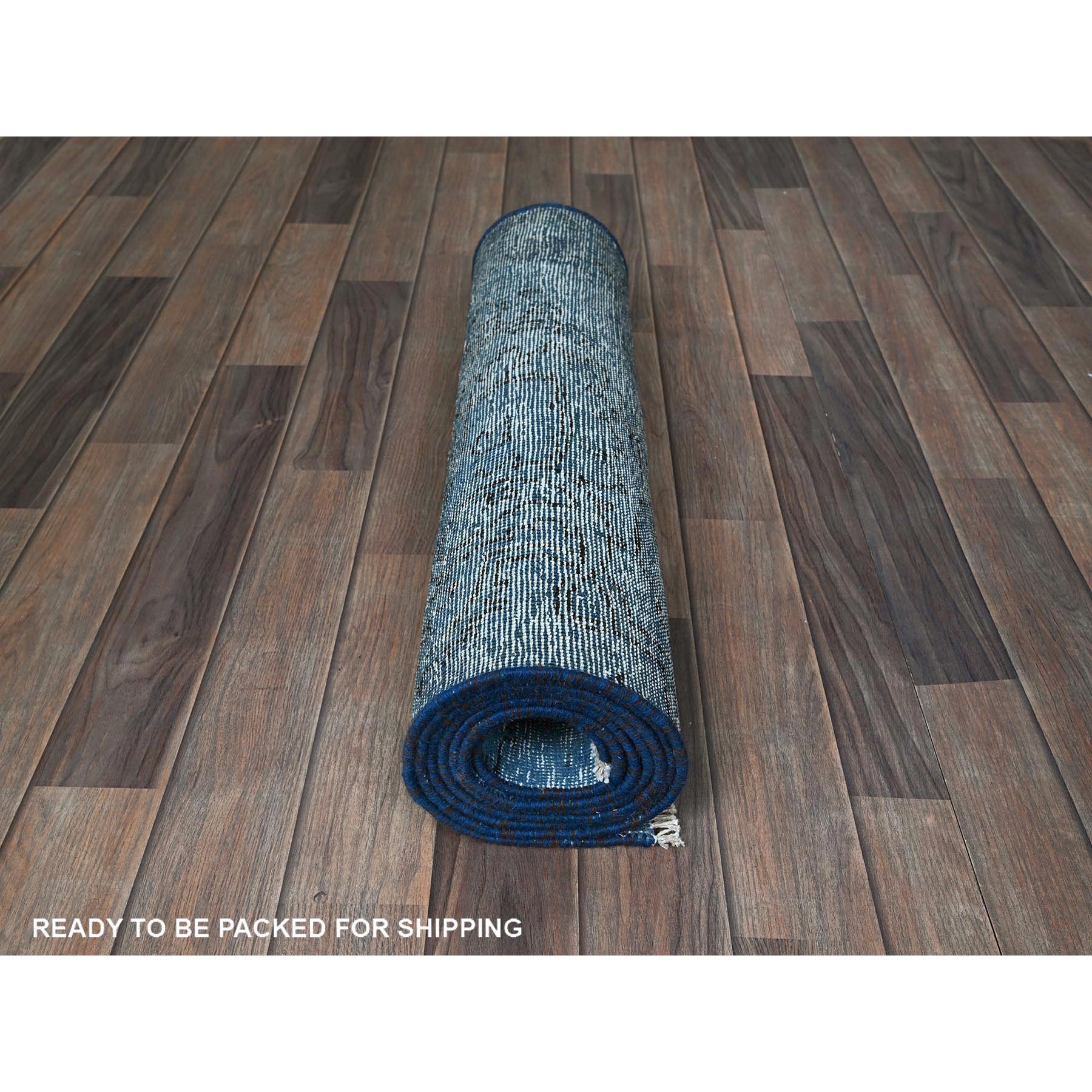 2'2"x9' Bayern Blue, Overdyed Vintage Persian Tabriz, Worn and Distressed, Sides and Ends Professionally Secured, Cropped Thin, Hand Knotted, 100% Wool, Fragment, Narrow Runner, Oriental Rug Sh940