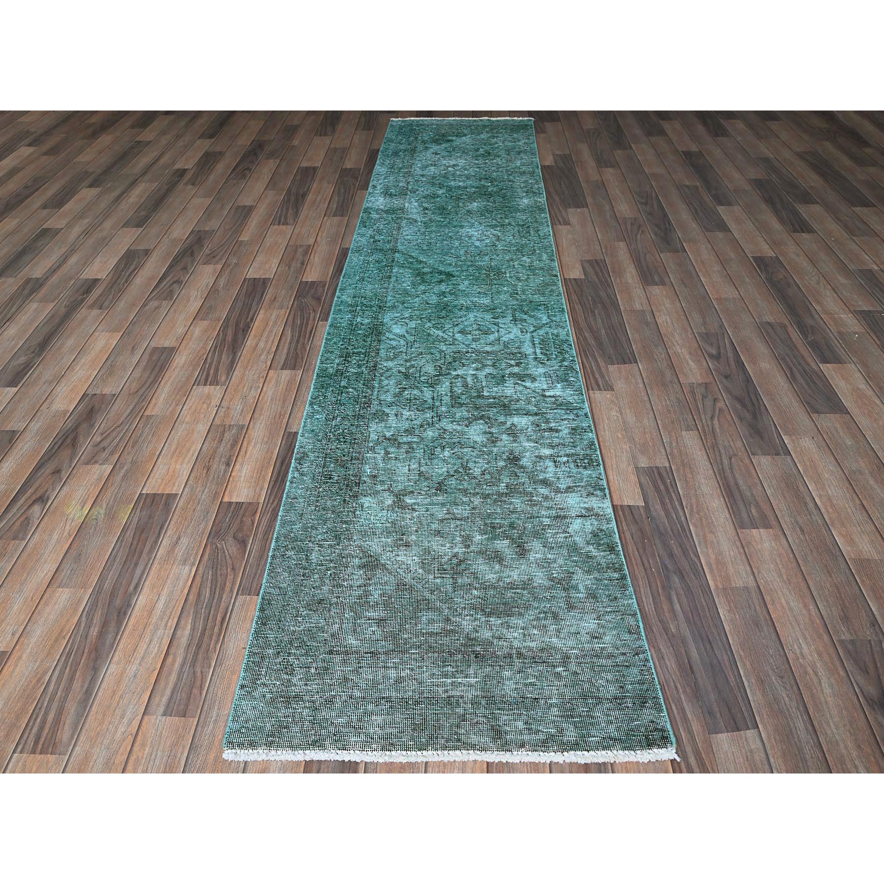 2'4"x10'2" Bottle Green, Overdyed Vintage Persian Tabriz, Worn and Distressed, Hand Knotted, 100% Wool, Sides and Ends Professionally Secured, Sheared Low, Fragment, Narrow Runner, Oriental Rug Sh942