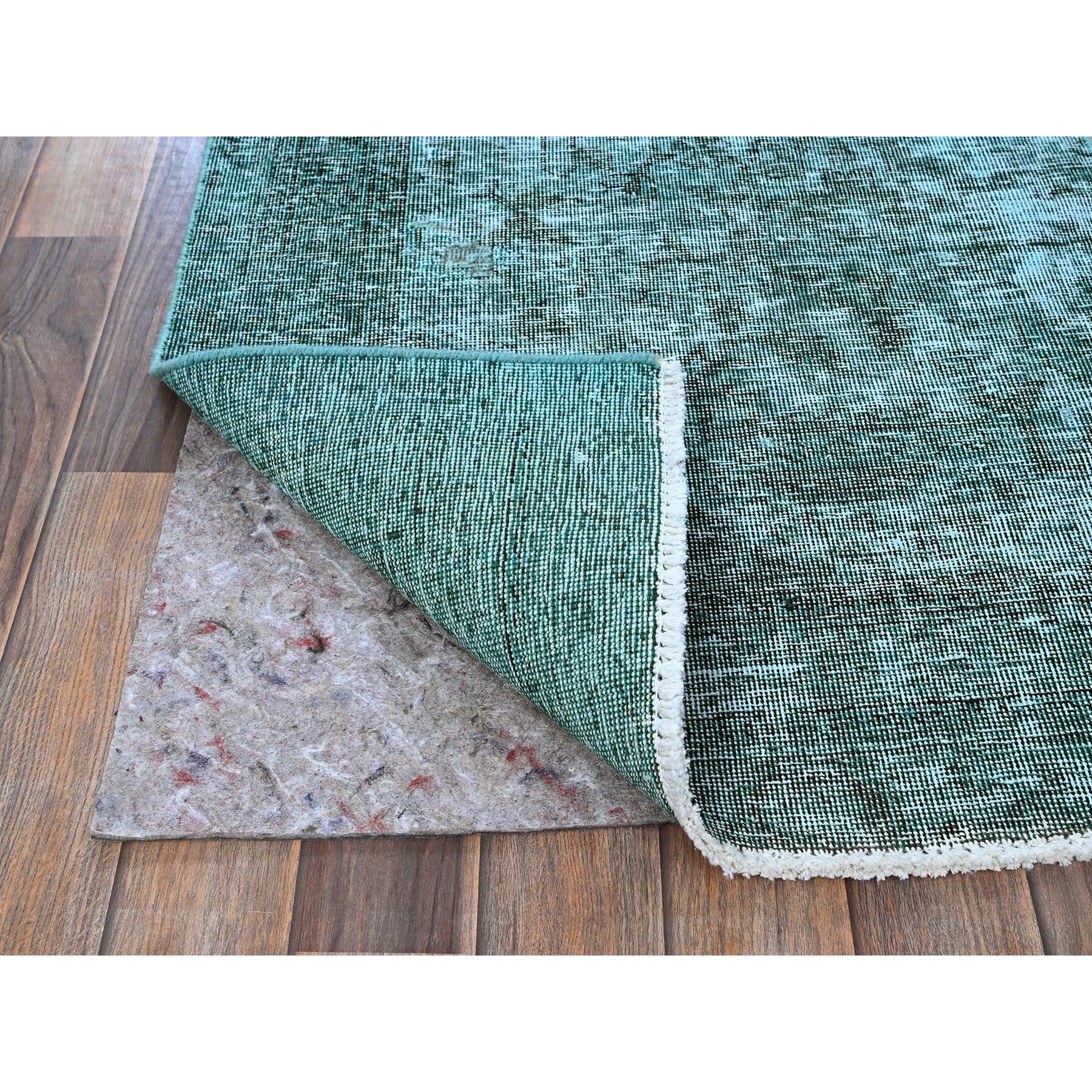2'4"x10'2" Bottle Green, Overdyed Vintage Persian Tabriz, Worn and Distressed, Hand Knotted, 100% Wool, Sides and Ends Professionally Secured, Sheared Low, Fragment, Narrow Runner, Oriental Rug Sh942