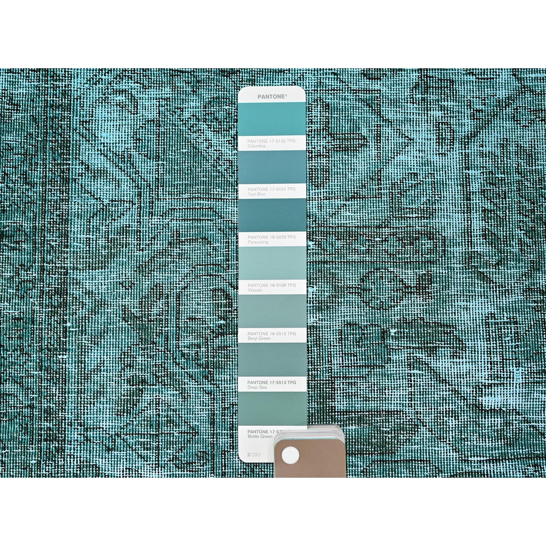 2'4"x10'2" Bottle Green, Overdyed Vintage Persian Tabriz, Worn and Distressed, Hand Knotted, 100% Wool, Sides and Ends Professionally Secured, Sheared Low, Fragment, Narrow Runner, Oriental Rug Sh942