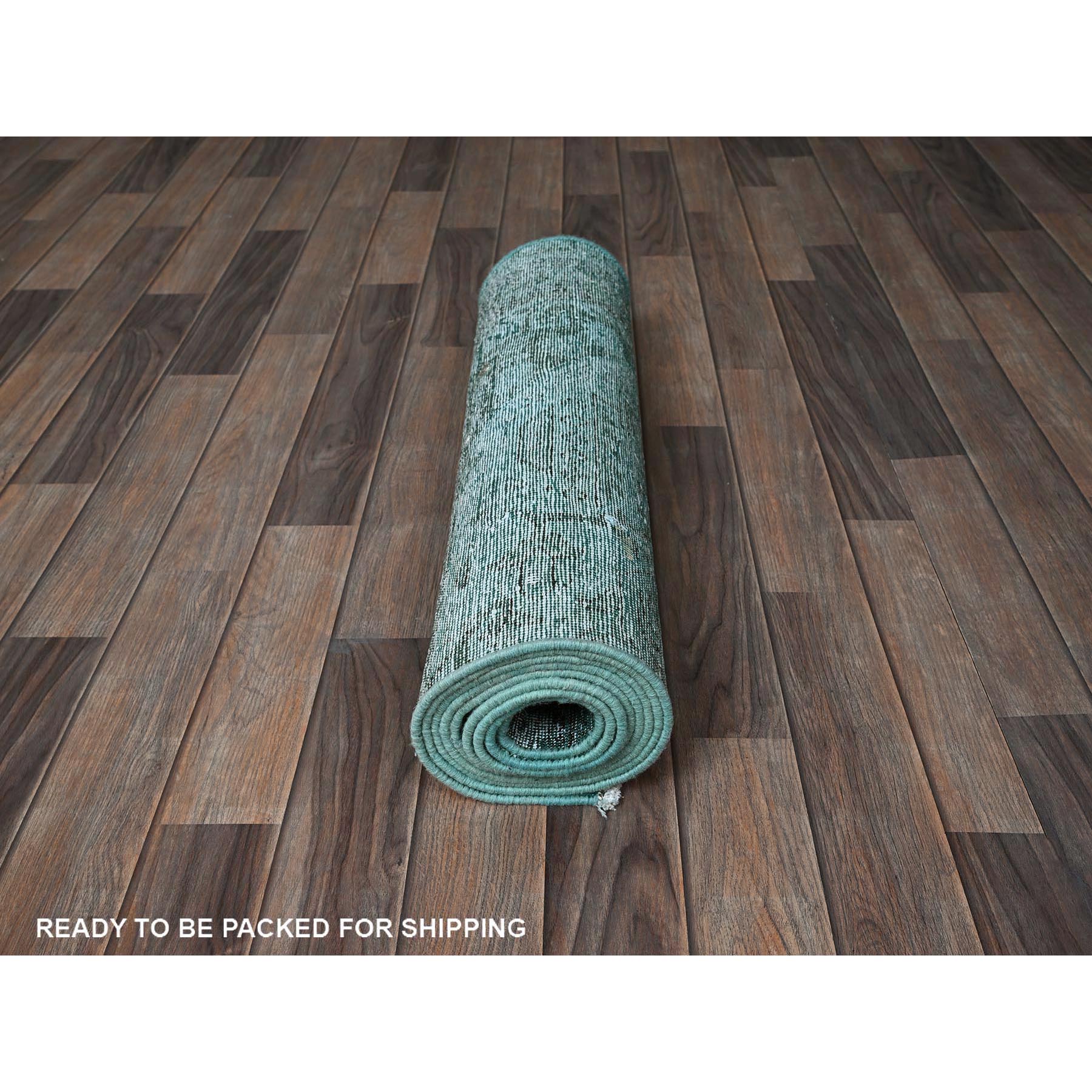 2'4"x10'2" Bottle Green, Overdyed Vintage Persian Tabriz, Worn and Distressed, Hand Knotted, 100% Wool, Sides and Ends Professionally Secured, Sheared Low, Fragment, Narrow Runner, Oriental Rug Sh942