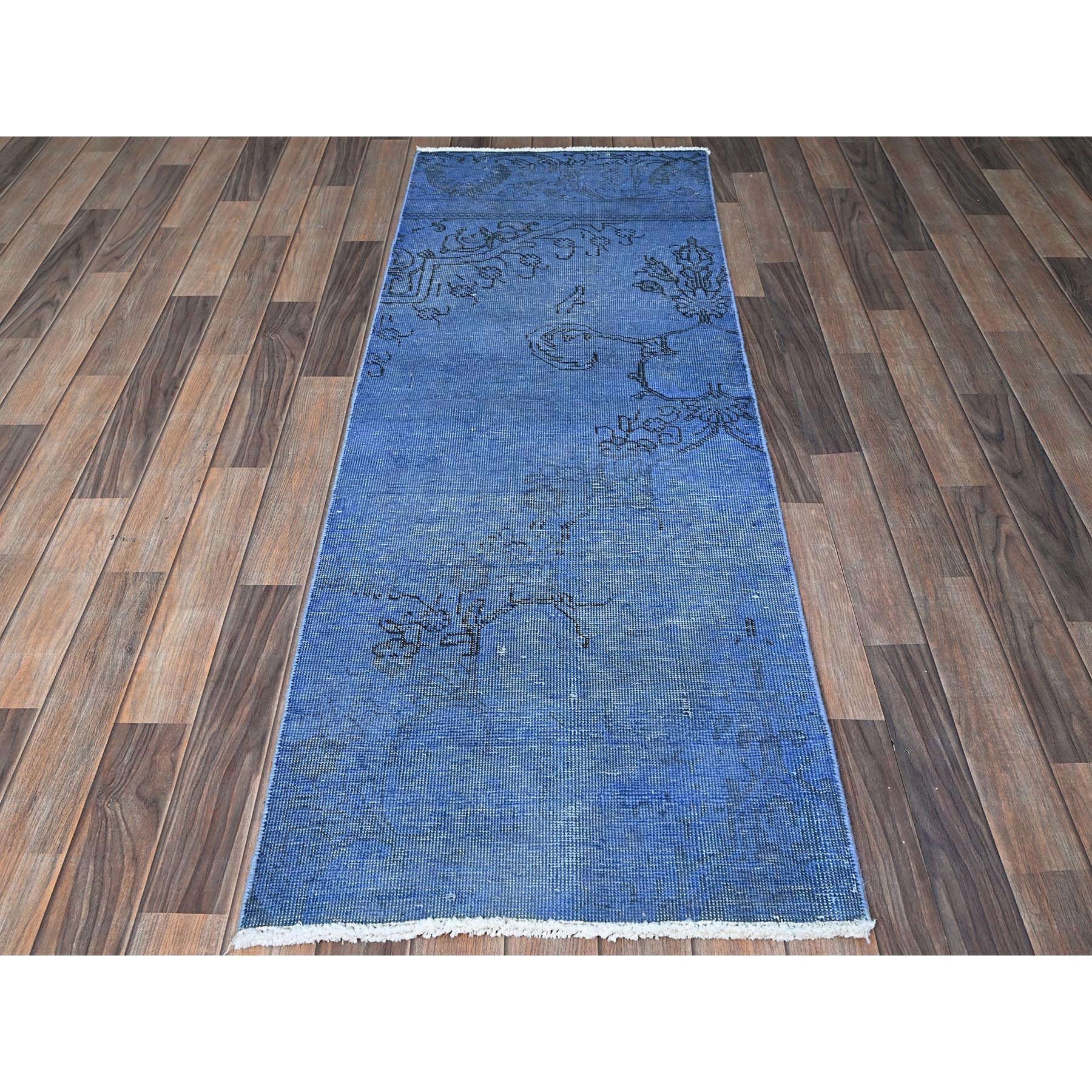 2'2"x6'2" Carolina Blue, Overdyed Vintage Persian Tabriz, Worn and Distressed, Sides and Ends Professionally Secured, Shaved Low, Hand Knotted, 100% Wool, Fragment, Narrow Runner, Oriental Rug Sh943