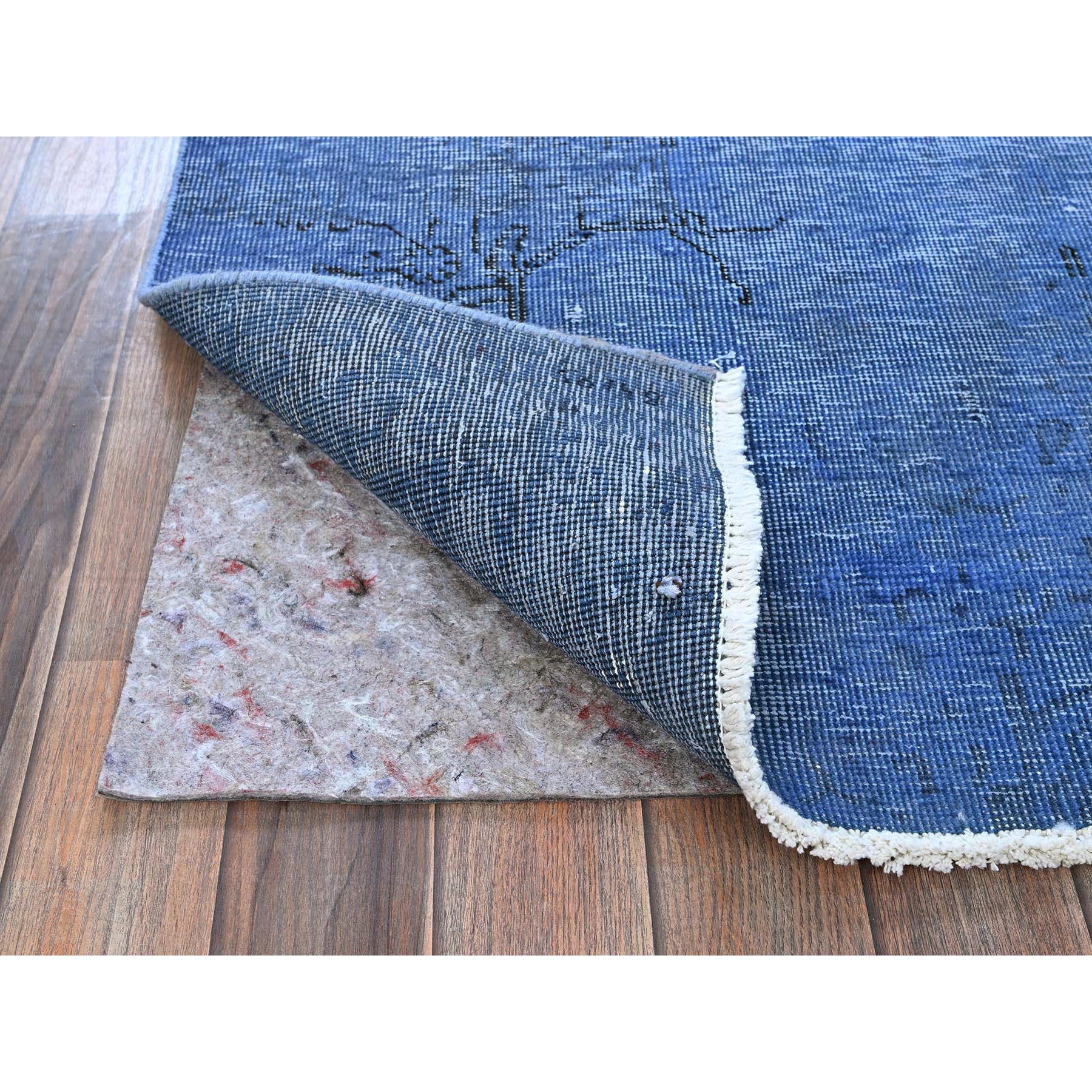 2'2"x6'2" Carolina Blue, Overdyed Vintage Persian Tabriz, Worn and Distressed, Sides and Ends Professionally Secured, Shaved Low, Hand Knotted, 100% Wool, Fragment, Narrow Runner, Oriental Rug Sh943