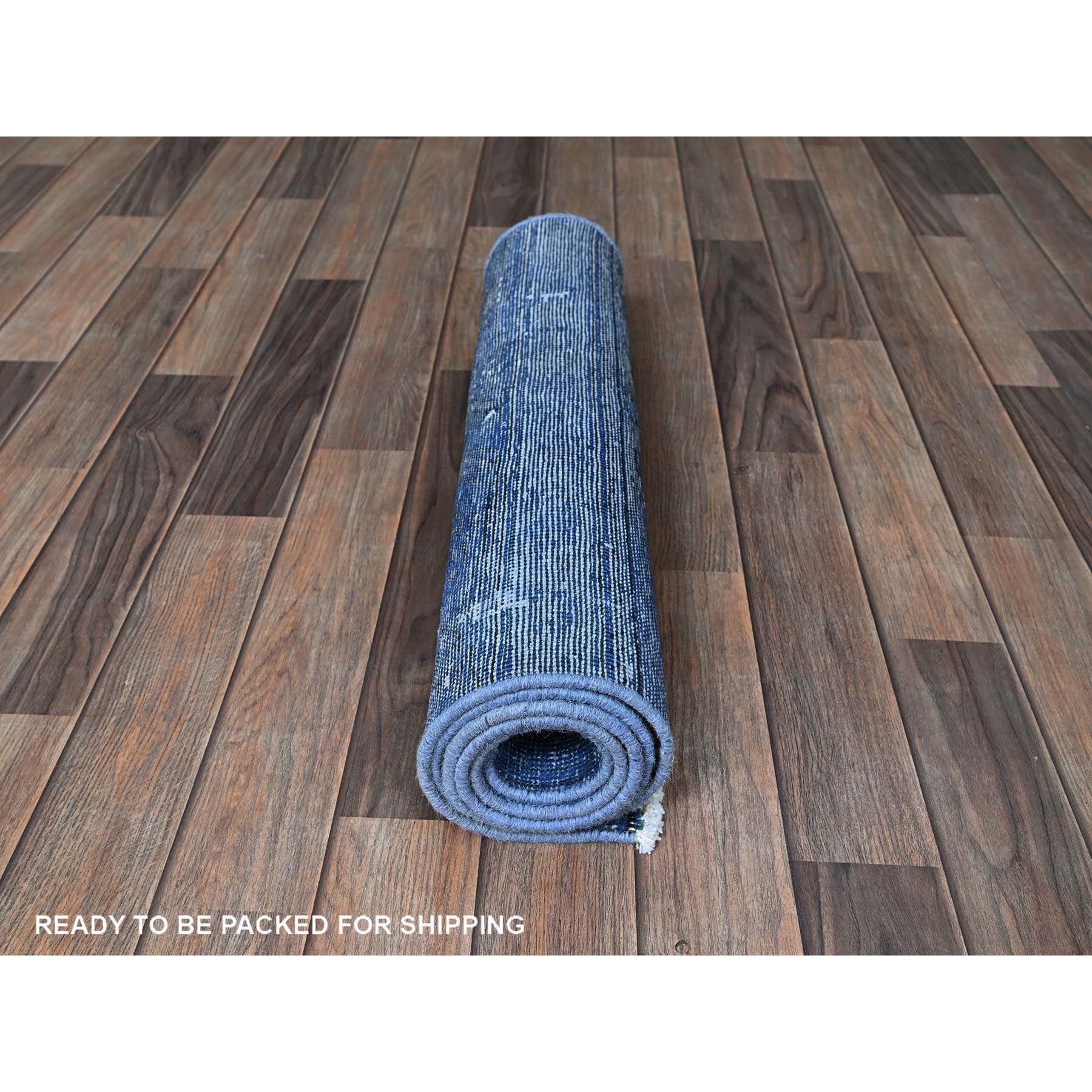 2'2"x6'2" Carolina Blue, Overdyed Vintage Persian Tabriz, Worn and Distressed, Sides and Ends Professionally Secured, Shaved Low, Hand Knotted, 100% Wool, Fragment, Narrow Runner, Oriental Rug Sh943