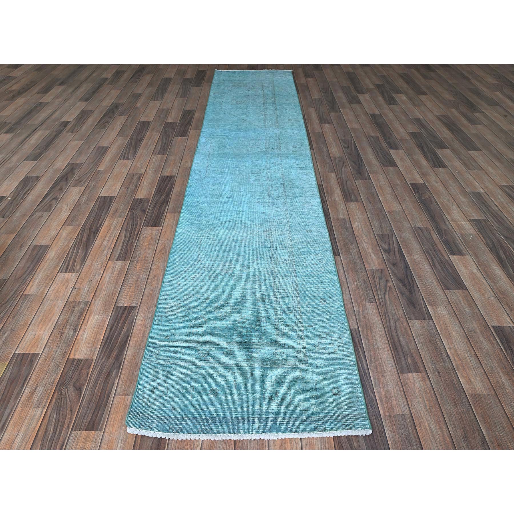 2'4"x11'2" Sapphire Blue, Overdyed Vintage Persian Tabriz, Cropped Thin, Worn and Distressed, Sides and Ends Professionally Secured, Hand Knotted, Pure Wool, Fragment, Narrow Runner, Oriental Rug Sh944