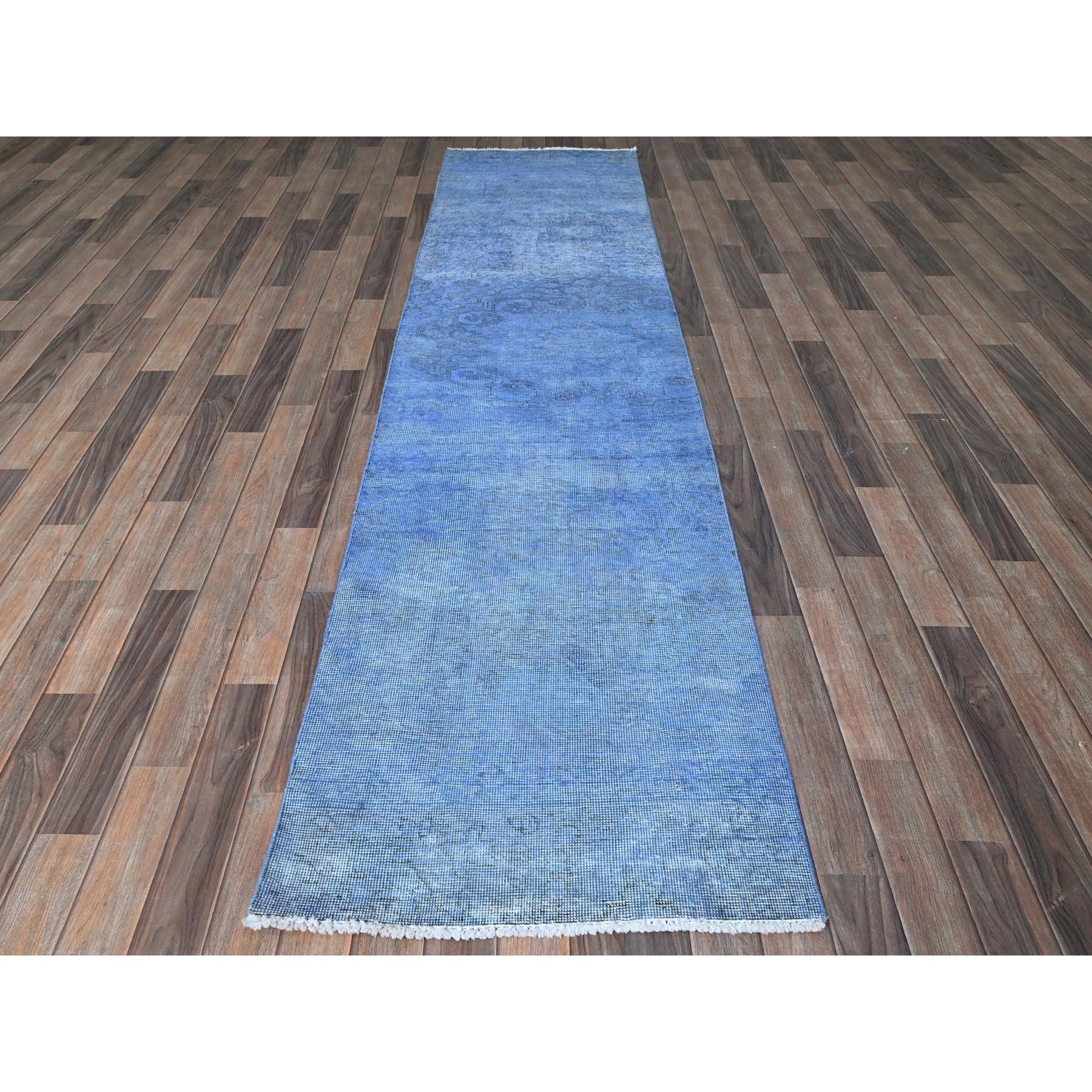 2'6"x9'10" Berry Blue, Overdyed Vintage Persian Tabriz, Worn and Distressed, Sides and Ends Professionally Secured, Sheared Low, Hand Knotted, 100% Wool, Fragment, Runner, Oriental Rug Sh945