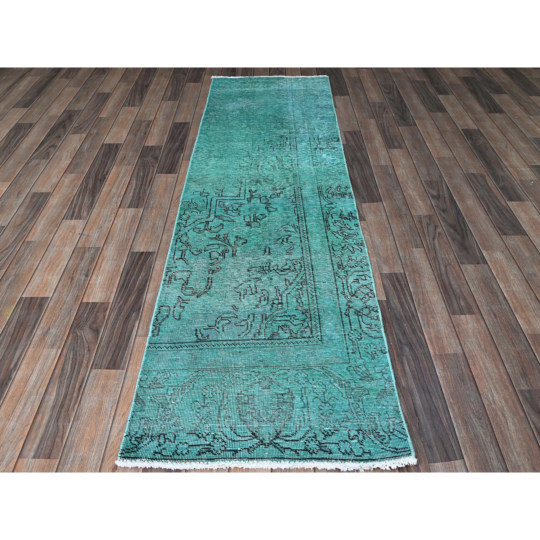2'3"x7'5" Wasabi Green, Overdyed Vintage Persian Tabriz with Distinct Abrash, Worn and Distressed, Sides and Ends Professionally Secured, Shaved Low, Hand Knotted, 100% Wool, Fragment, Narrow Runner, Oriental Rug Sh946