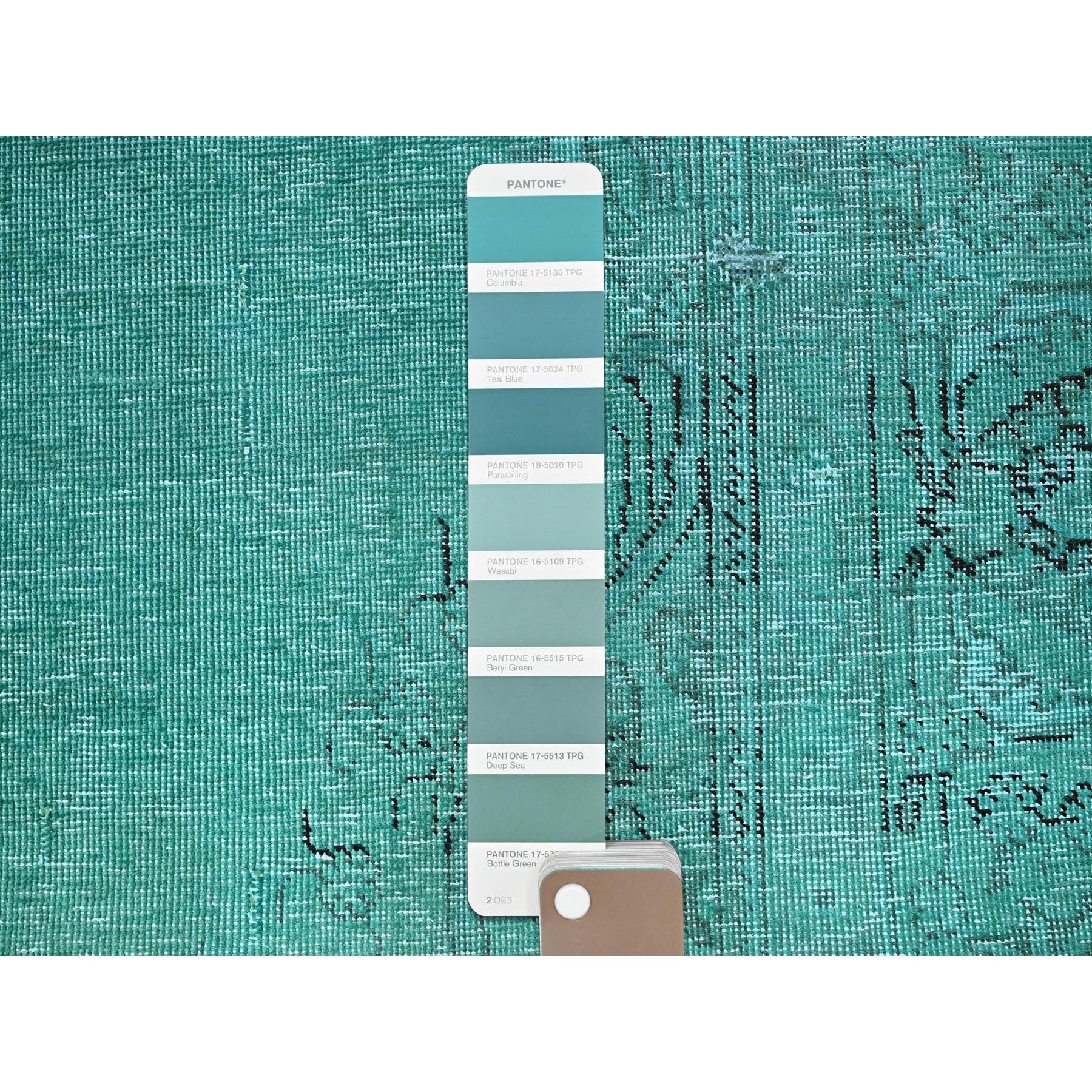 2'3"x7'5" Wasabi Green, Overdyed Vintage Persian Tabriz with Distinct Abrash, Worn and Distressed, Sides and Ends Professionally Secured, Shaved Low, Hand Knotted, 100% Wool, Fragment, Narrow Runner, Oriental Rug Sh946