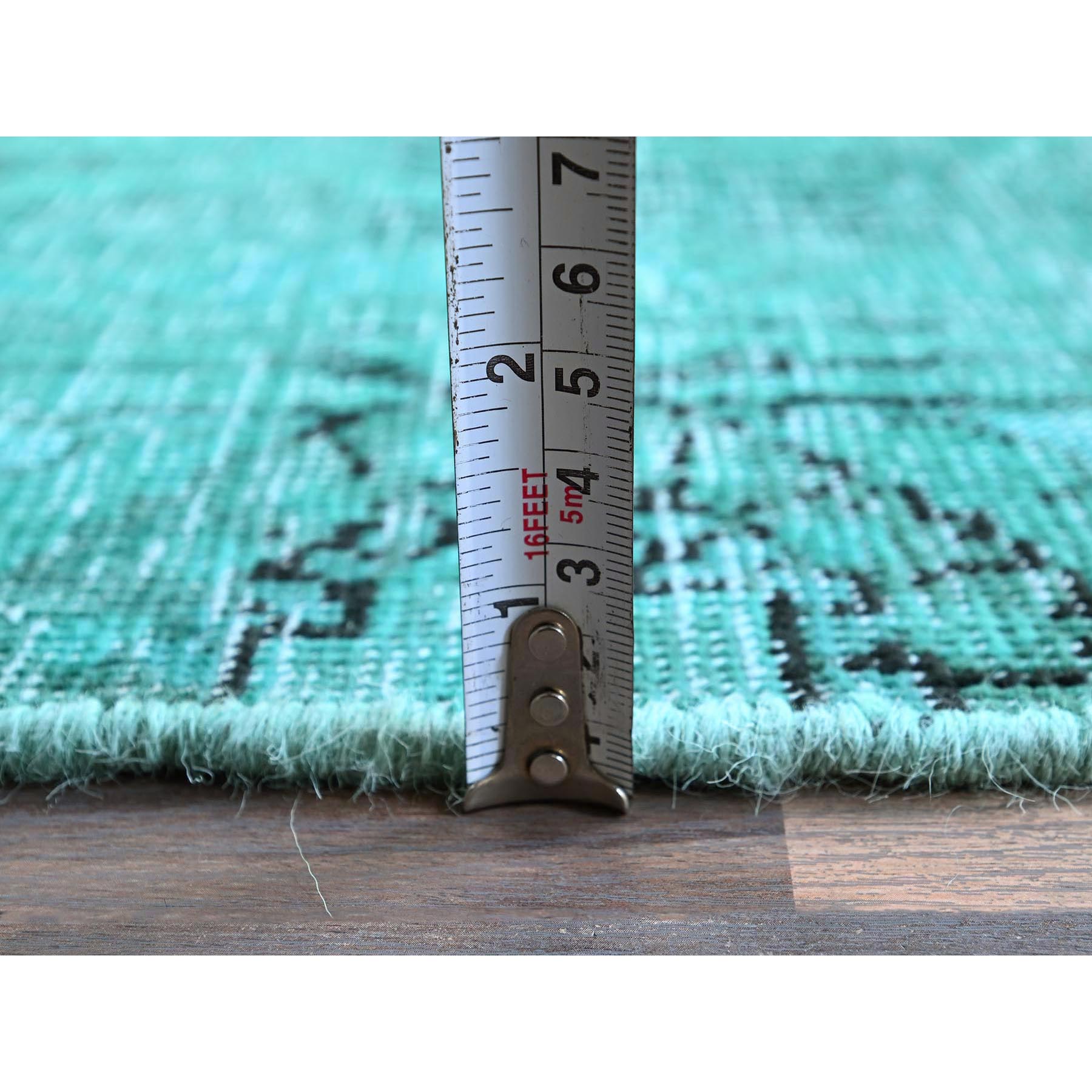 2'3"x7'5" Wasabi Green, Overdyed Vintage Persian Tabriz with Distinct Abrash, Worn and Distressed, Sides and Ends Professionally Secured, Shaved Low, Hand Knotted, 100% Wool, Fragment, Narrow Runner, Oriental Rug Sh946
