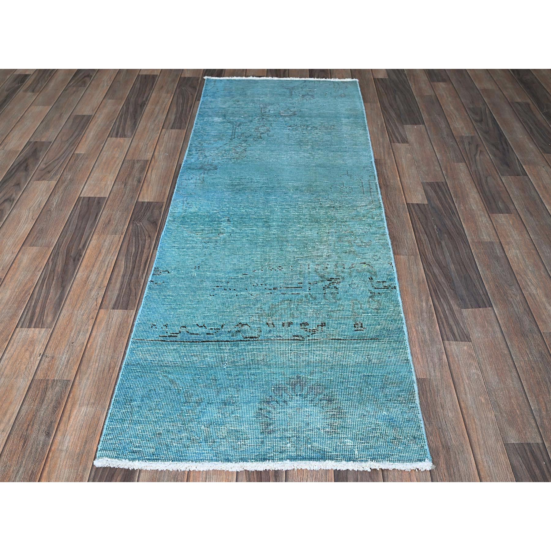2'3"x6'1" Turkish Blue, Overdyed Vintage Persian Tabriz, Worn and Distressed, Sides and Ends Professionally Secured, Shaved Down, Hand Knotted, 100% Wool, Fragment, Narrow Runner, Oriental Rug Sh948