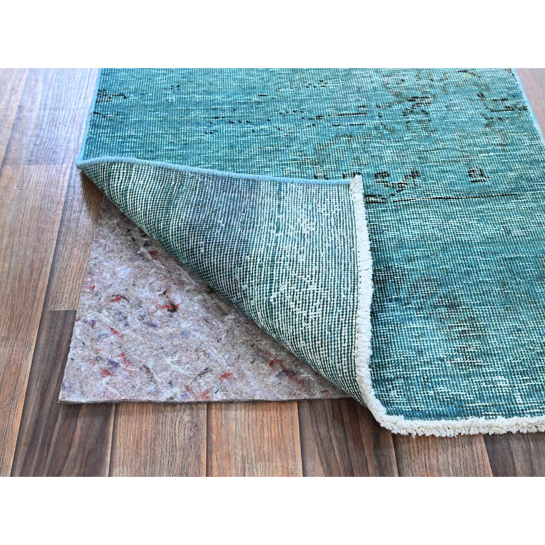 2'3"x6'1" Turkish Blue, Overdyed Vintage Persian Tabriz, Worn and Distressed, Sides and Ends Professionally Secured, Shaved Down, Hand Knotted, 100% Wool, Fragment, Narrow Runner, Oriental Rug Sh948