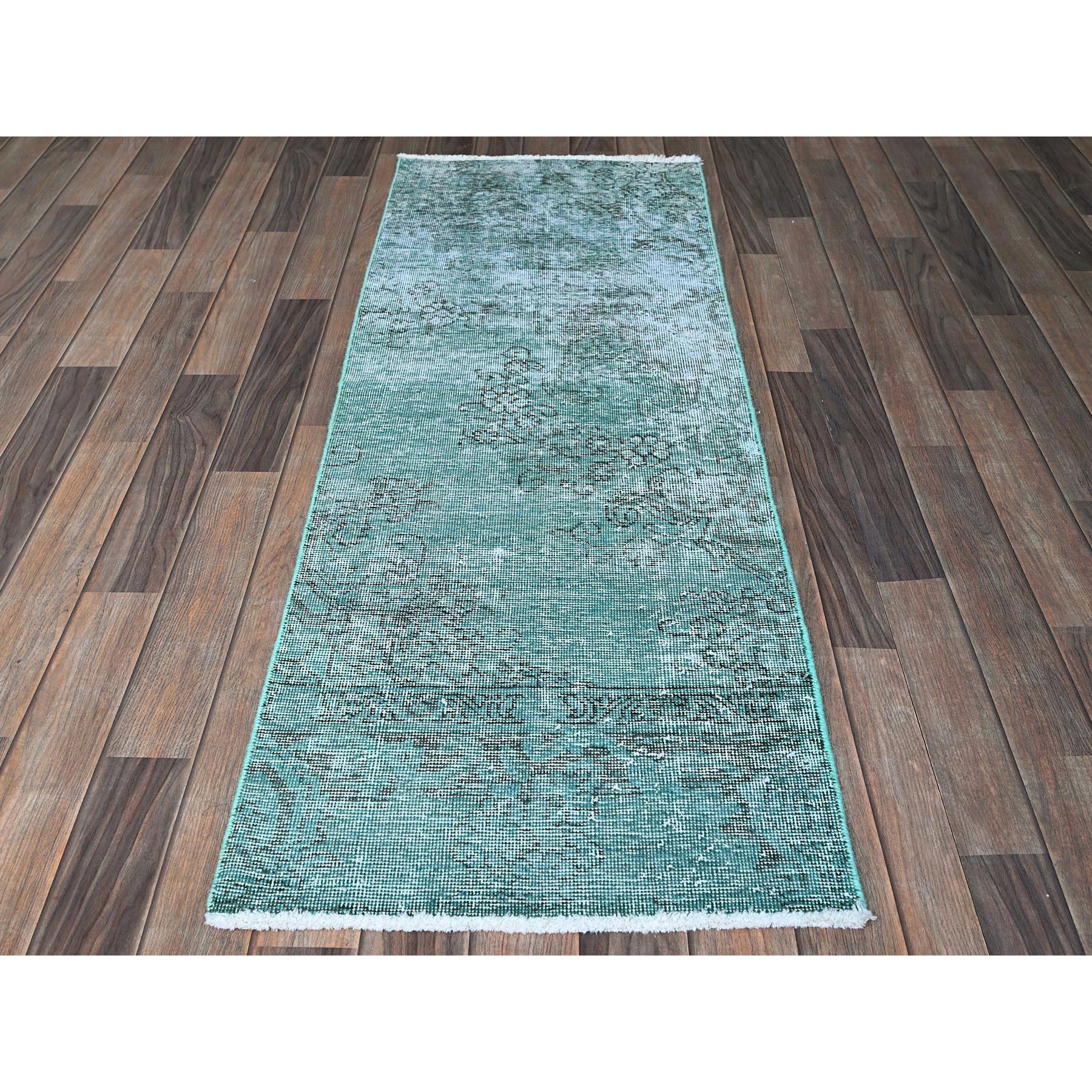 2'x5'8" Wasabi Green, Overdyed Vintage Persian Tabriz, Worn and Distressed, Sheared Low, Sides and Ends Professionally Secured, Hand Knotted, 100% Wool, Fragment, Short & Narrow Runner, Oriental Rug Sh949