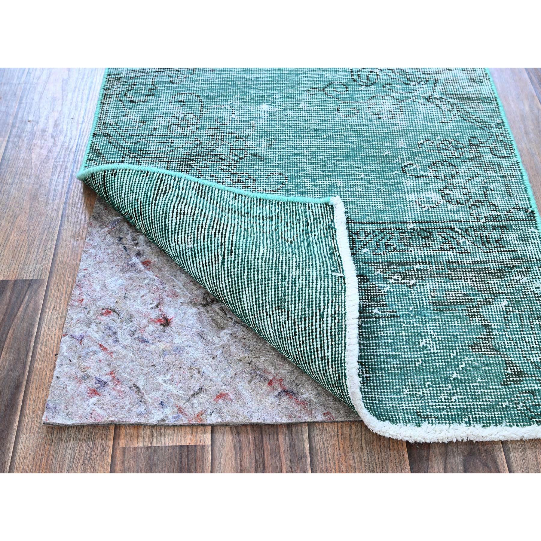 2'x5'8" Wasabi Green, Overdyed Vintage Persian Tabriz, Worn and Distressed, Sheared Low, Sides and Ends Professionally Secured, Hand Knotted, 100% Wool, Fragment, Short & Narrow Runner, Oriental Rug Sh949