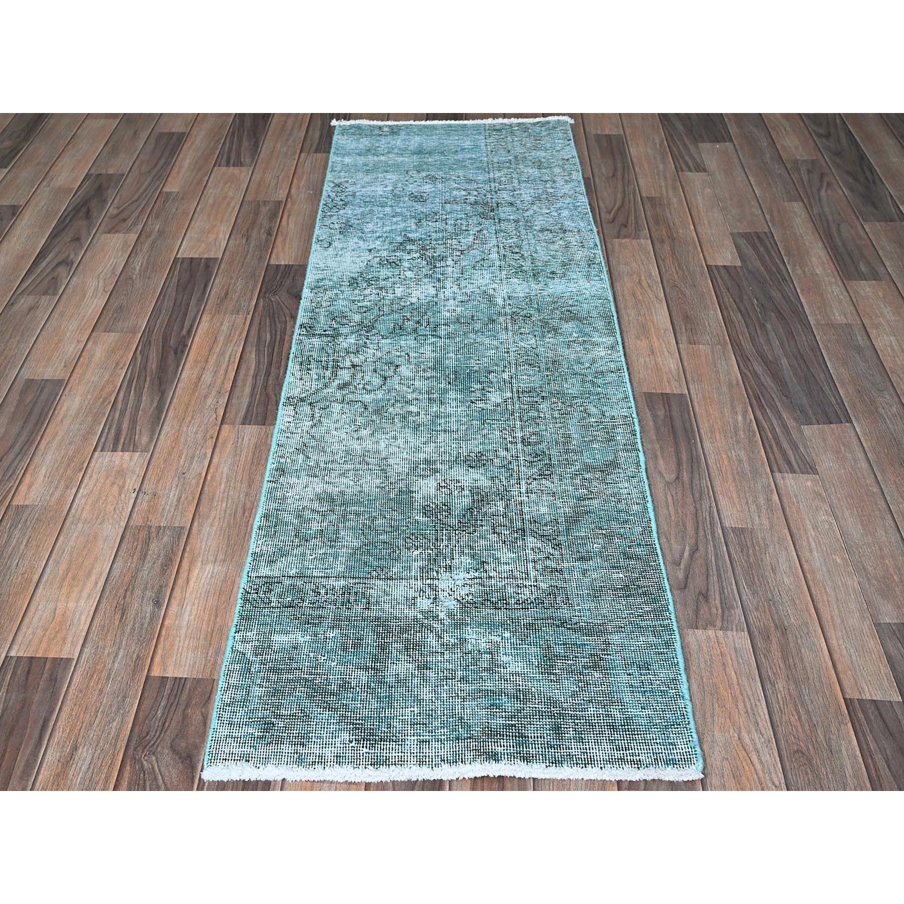 2'x5'8" Teal Blue, Overdyed Vintage Persian Tabriz, Worn and Distressed, Cropped Thin, Sides and Ends Professionally Secured, Hand Knotted, 100% Wool, Fragment, Short & Narrow Runner, Oriental Rug Sh950