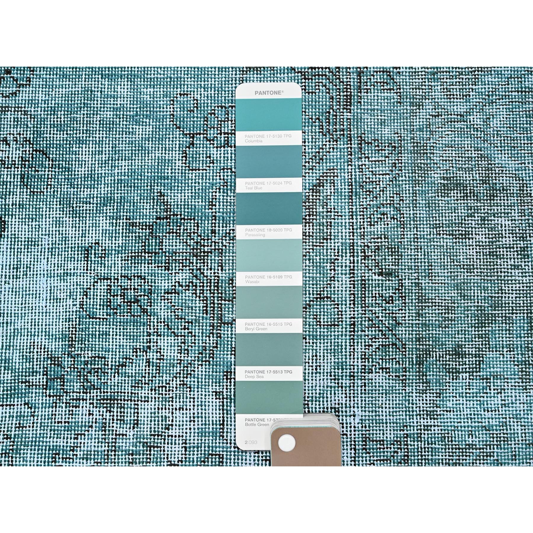 2'x5'8" Teal Blue, Overdyed Vintage Persian Tabriz, Worn and Distressed, Cropped Thin, Sides and Ends Professionally Secured, Hand Knotted, 100% Wool, Fragment, Short & Narrow Runner, Oriental Rug Sh950