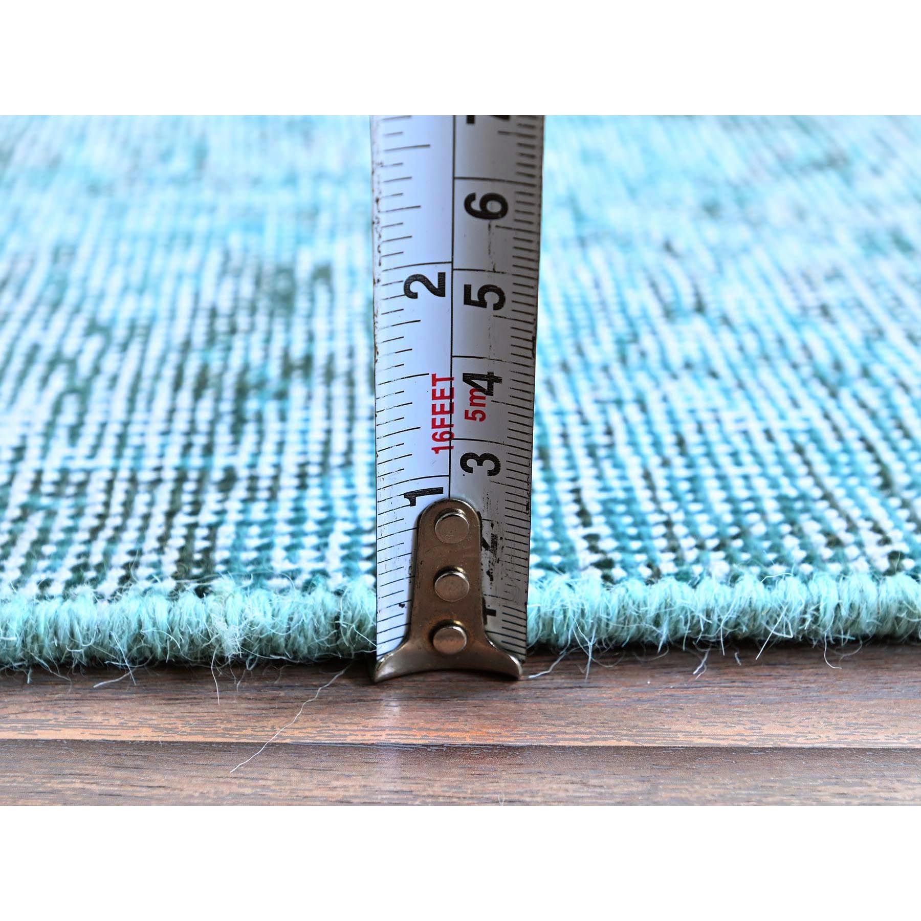 2'x5'8" Teal Blue, Overdyed Vintage Persian Tabriz, Worn and Distressed, Cropped Thin, Sides and Ends Professionally Secured, Hand Knotted, 100% Wool, Fragment, Short & Narrow Runner, Oriental Rug Sh950