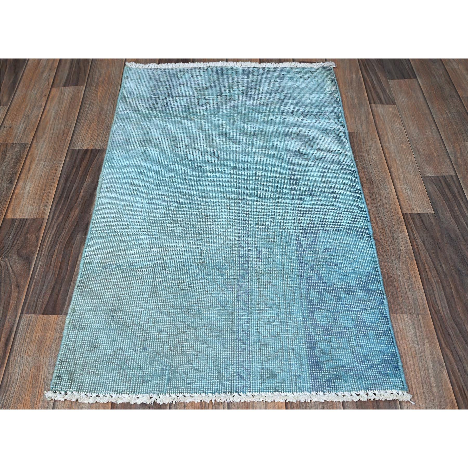 2'x3'2" Sky Blue, Overdyed Vintage Persian Tabriz, Worn and Distressed, Sides and Ends Professionally Secured, Shaved Down, Hand Knotted, Pure Wool, Fragment, Mat, Oriental Rug Sh951
