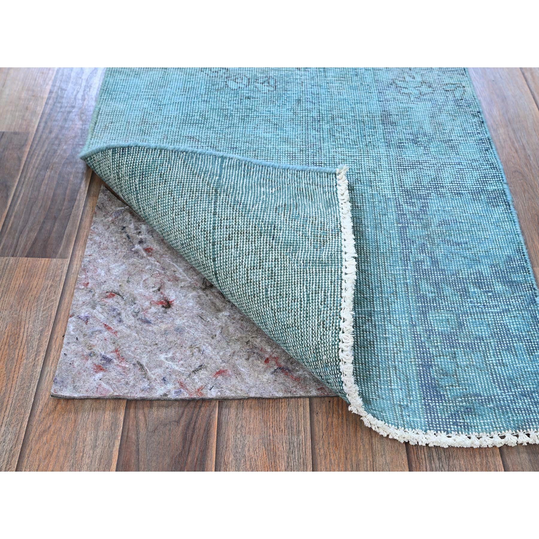 2'x3'2" Sky Blue, Overdyed Vintage Persian Tabriz, Worn and Distressed, Sides and Ends Professionally Secured, Shaved Down, Hand Knotted, Pure Wool, Fragment, Mat, Oriental Rug Sh951