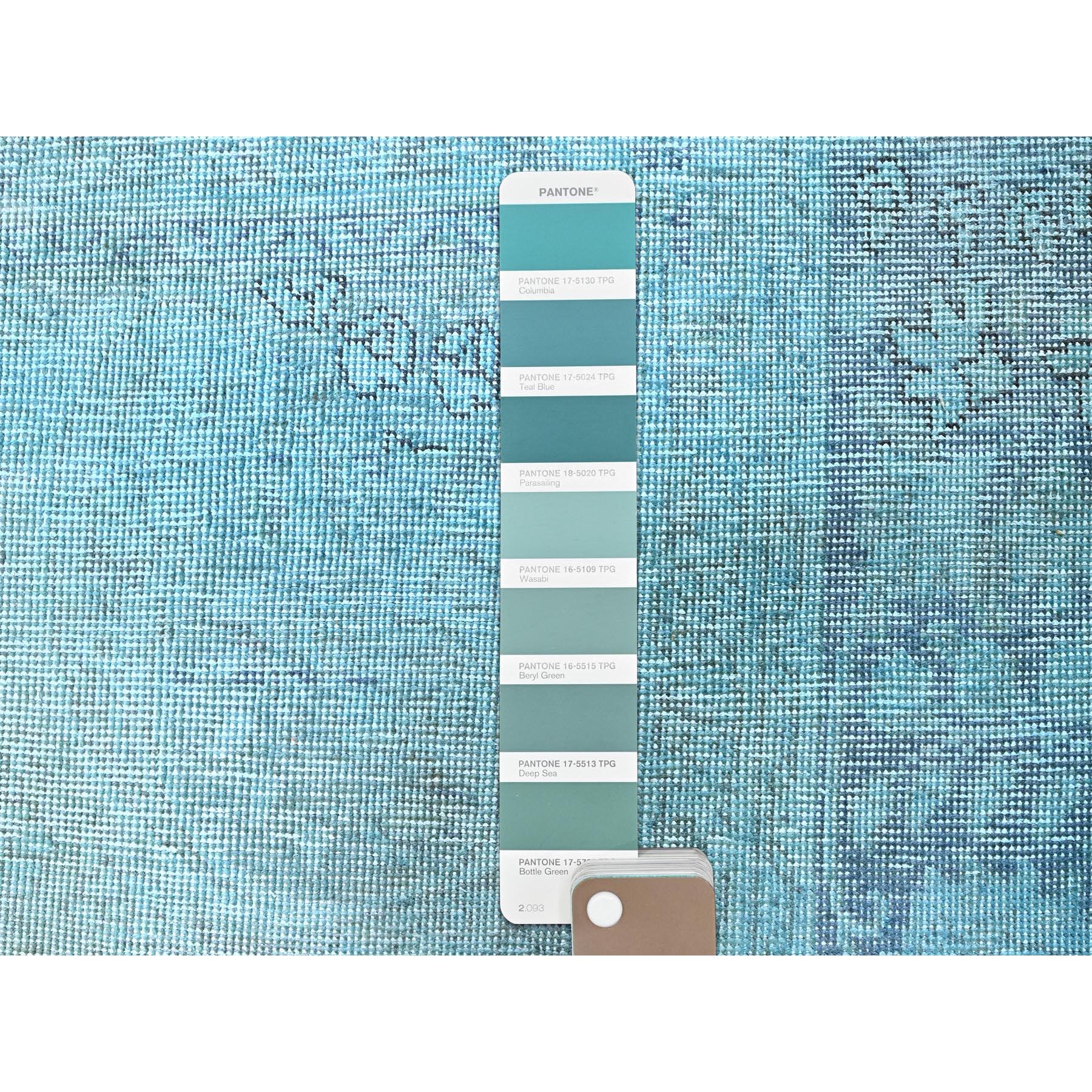 2'x3'2" Sky Blue, Overdyed Vintage Persian Tabriz, Worn and Distressed, Sides and Ends Professionally Secured, Shaved Down, Hand Knotted, Pure Wool, Fragment, Mat, Oriental Rug Sh951
