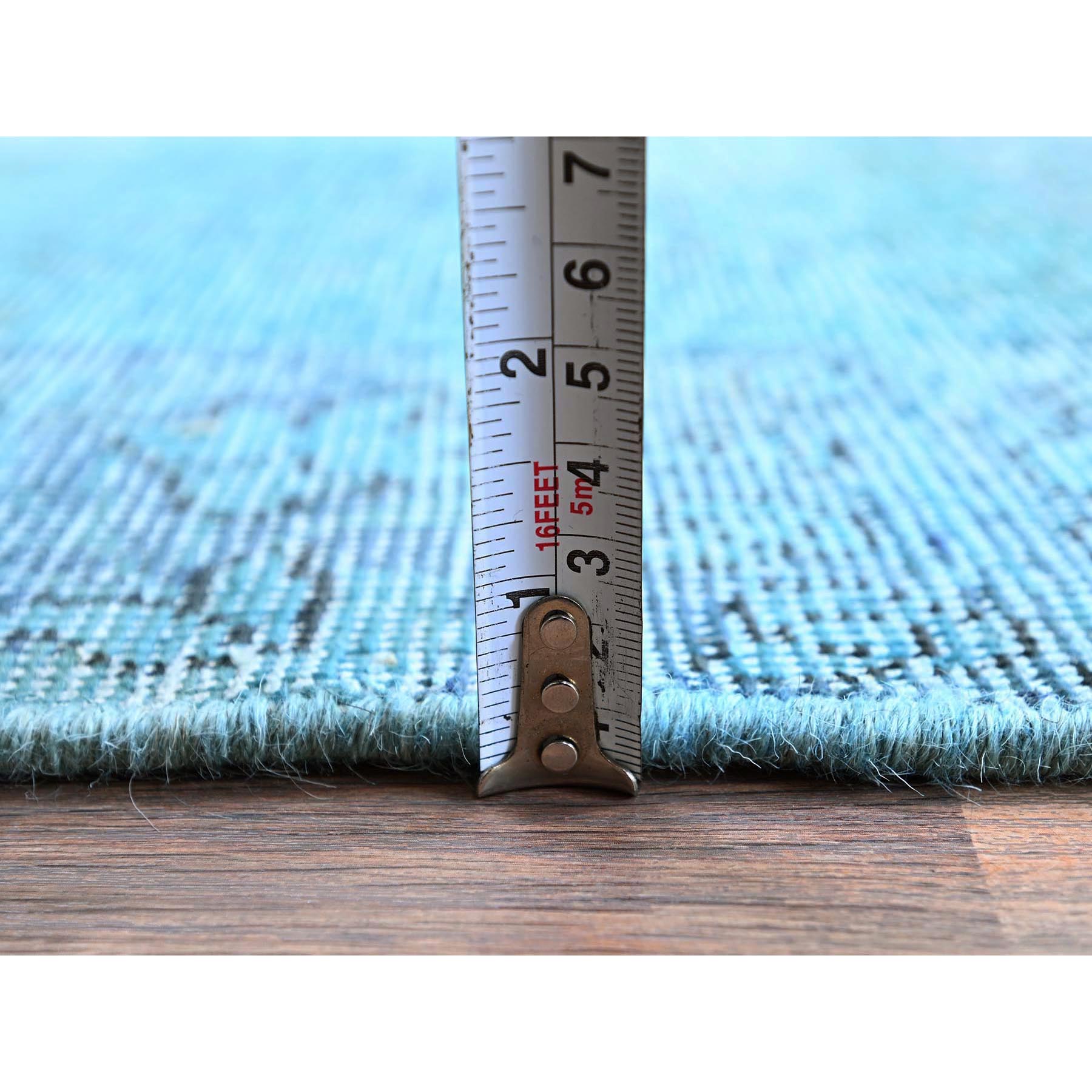 2'x3'2" Sky Blue, Overdyed Vintage Persian Tabriz, Worn and Distressed, Sides and Ends Professionally Secured, Shaved Down, Hand Knotted, Pure Wool, Fragment, Mat, Oriental Rug Sh951