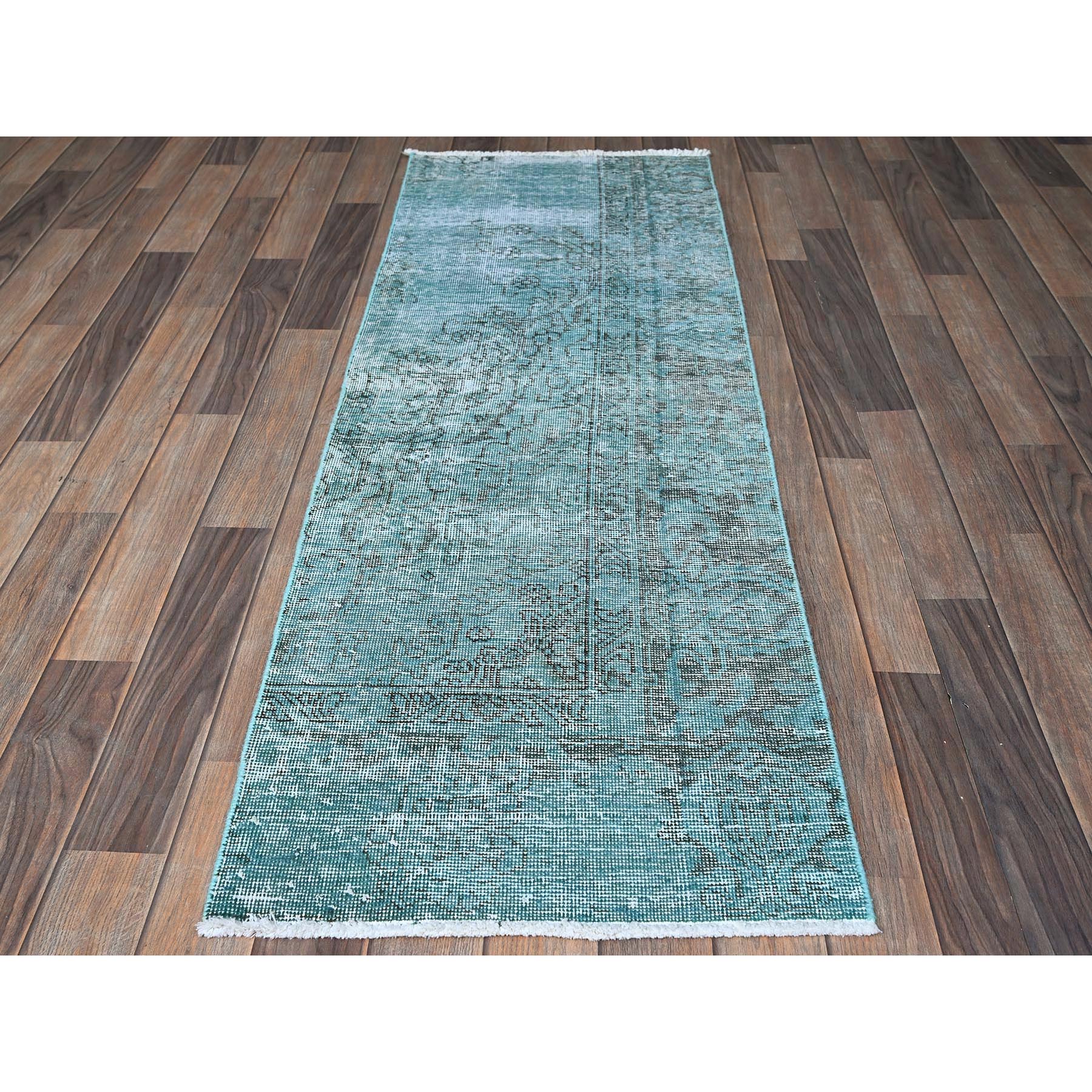 2'x5'9" Ocean Blue, Overdyed Vintage Persian Tabriz, Worn and Distressed, Sides and Ends Professionally Secured, Shaved Down, Hand Knotted, Pure Wool, Fragment, Short & Narrow Runner, Oriental Rug Sh952