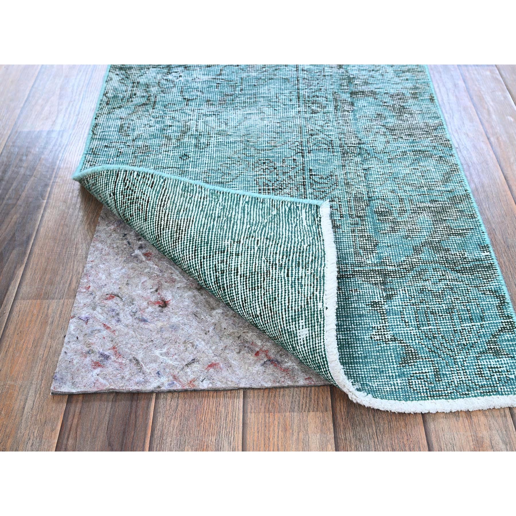 2'x5'9" Ocean Blue, Overdyed Vintage Persian Tabriz, Worn and Distressed, Sides and Ends Professionally Secured, Shaved Down, Hand Knotted, Pure Wool, Fragment, Short & Narrow Runner, Oriental Rug Sh952