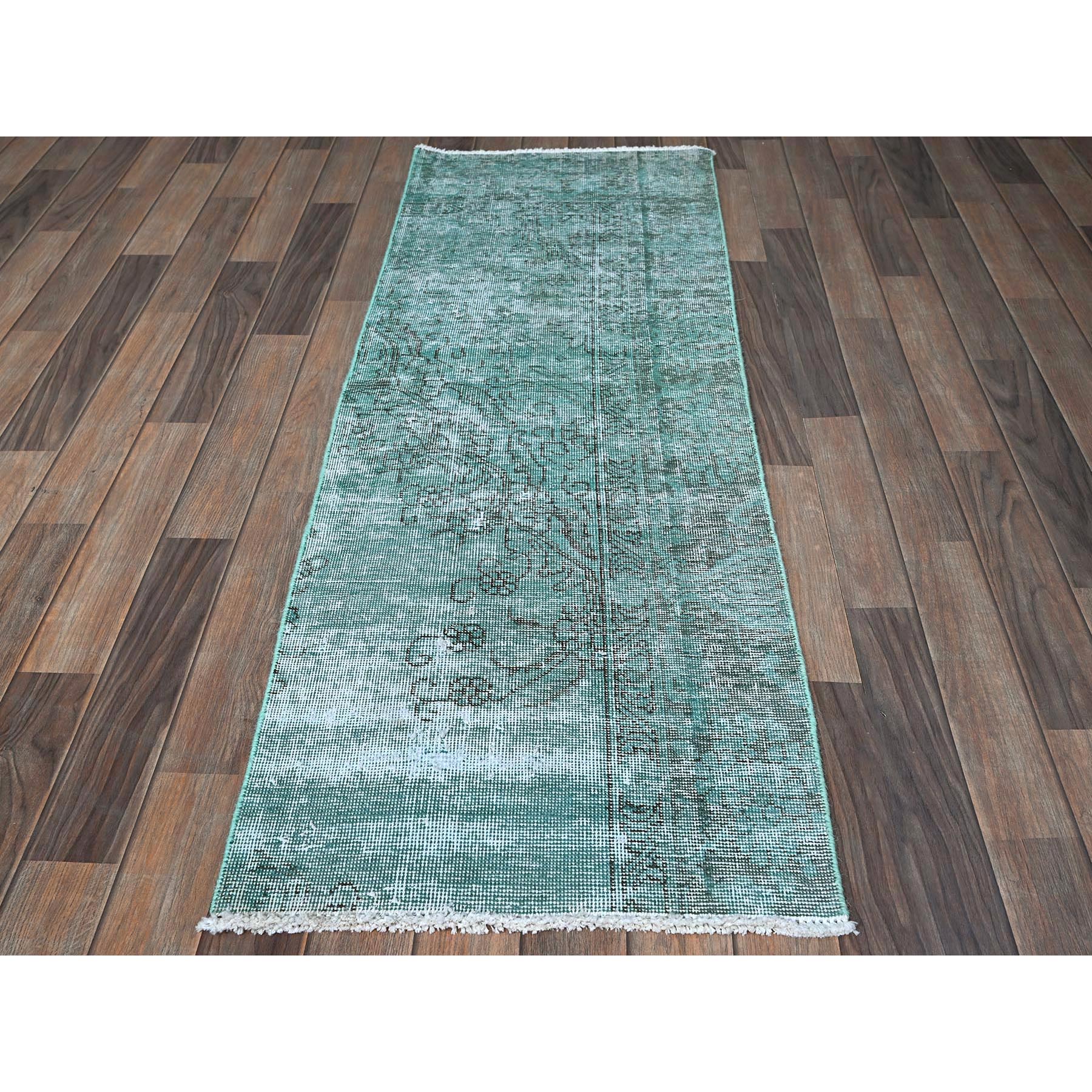 2'x5'8" Beryl Green, Overdyed Vintage Persian Tabriz, Sheared Low, Worn and Distressed, Sides and Ends Professionally Secured, Hand Knotted, 100% Wool, Fragment, Short & Narrow Runner, Oriental Rug Sh953