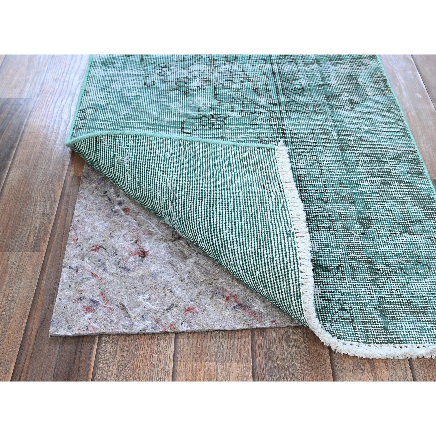 2'x5'8" Beryl Green, Overdyed Vintage Persian Tabriz, Sheared Low, Worn and Distressed, Sides and Ends Professionally Secured, Hand Knotted, 100% Wool, Fragment, Short & Narrow Runner, Oriental Rug Sh953