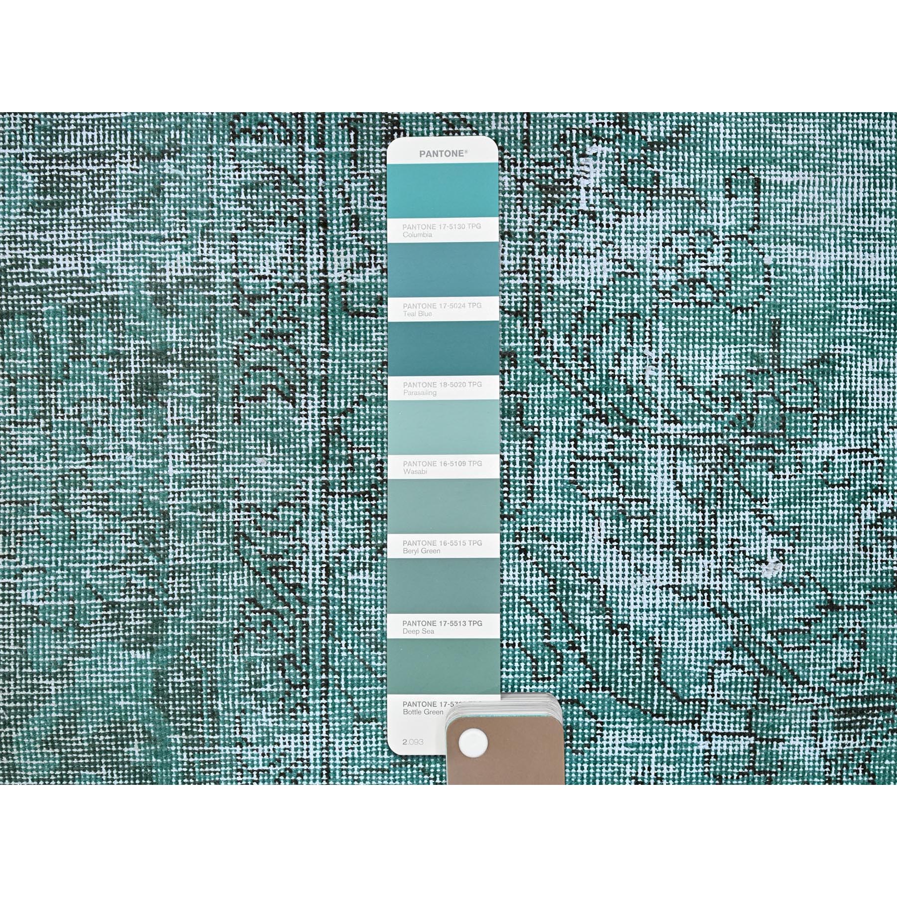 2'x5'8" Beryl Green, Overdyed Vintage Persian Tabriz, Sheared Low, Worn and Distressed, Sides and Ends Professionally Secured, Hand Knotted, 100% Wool, Fragment, Short & Narrow Runner, Oriental Rug Sh953