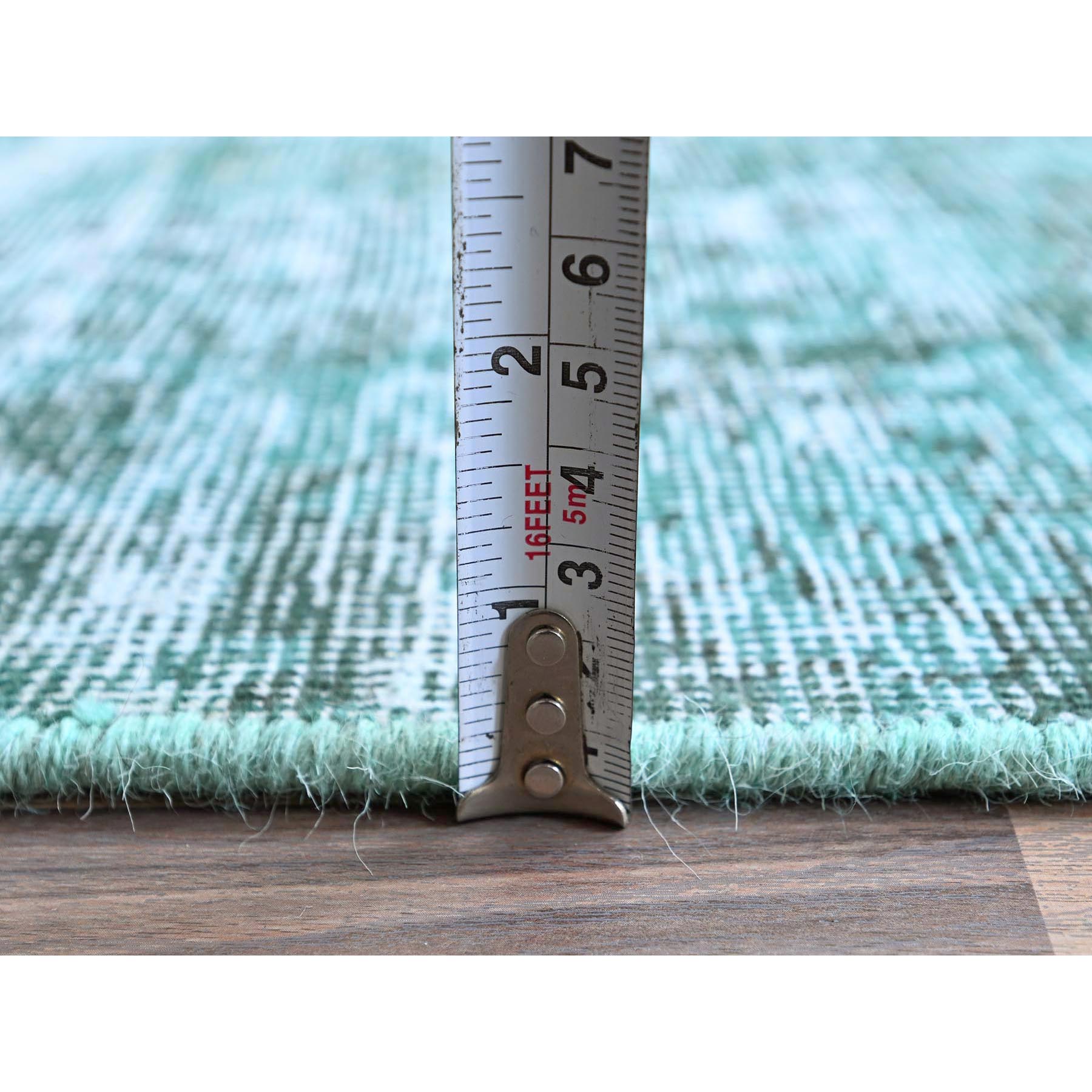 2'x5'8" Beryl Green, Overdyed Vintage Persian Tabriz, Sheared Low, Worn and Distressed, Sides and Ends Professionally Secured, Hand Knotted, 100% Wool, Fragment, Short & Narrow Runner, Oriental Rug Sh953
