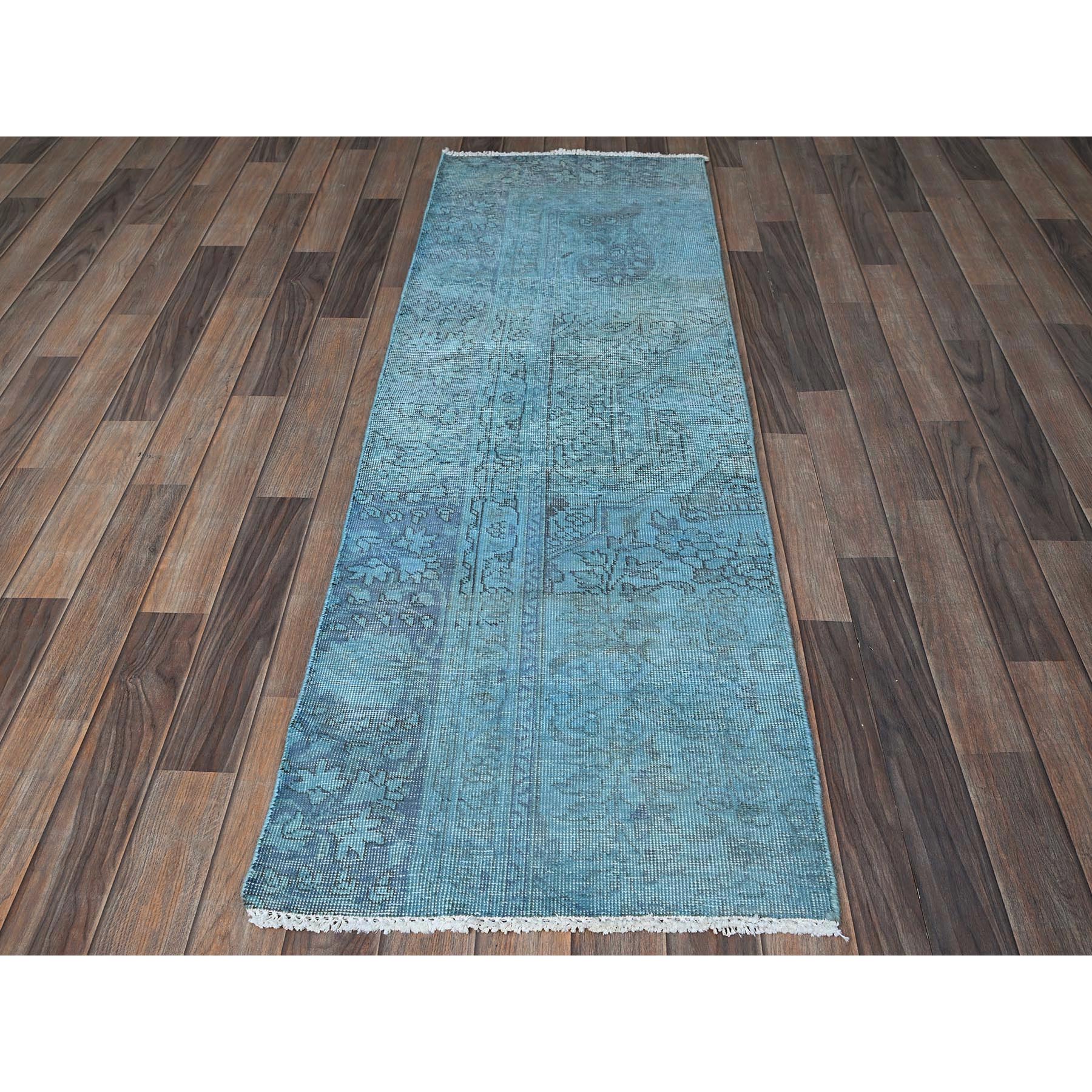 2'x6' Crystal Blue, Overdyed Vintage Persian Tabriz, 100% Wool, Hand Knotted, Worn and Distressed, Sides and Ends Professionally Secured, Shaved Low, Fragment, Short & Narrow Runner, Oriental Rug Sh954