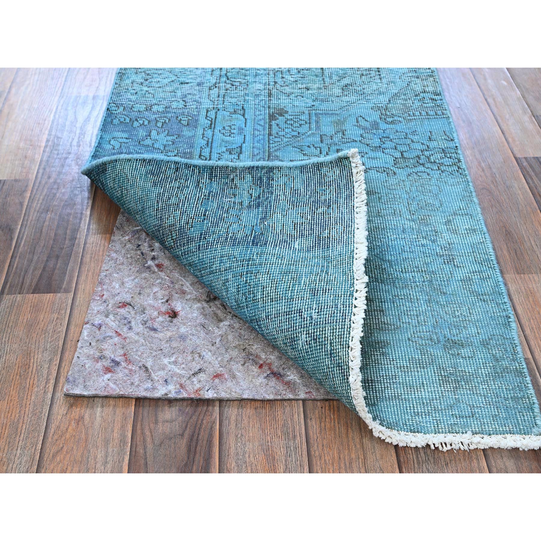2'x6' Crystal Blue, Overdyed Vintage Persian Tabriz, 100% Wool, Hand Knotted, Worn and Distressed, Sides and Ends Professionally Secured, Shaved Low, Fragment, Short & Narrow Runner, Oriental Rug Sh954