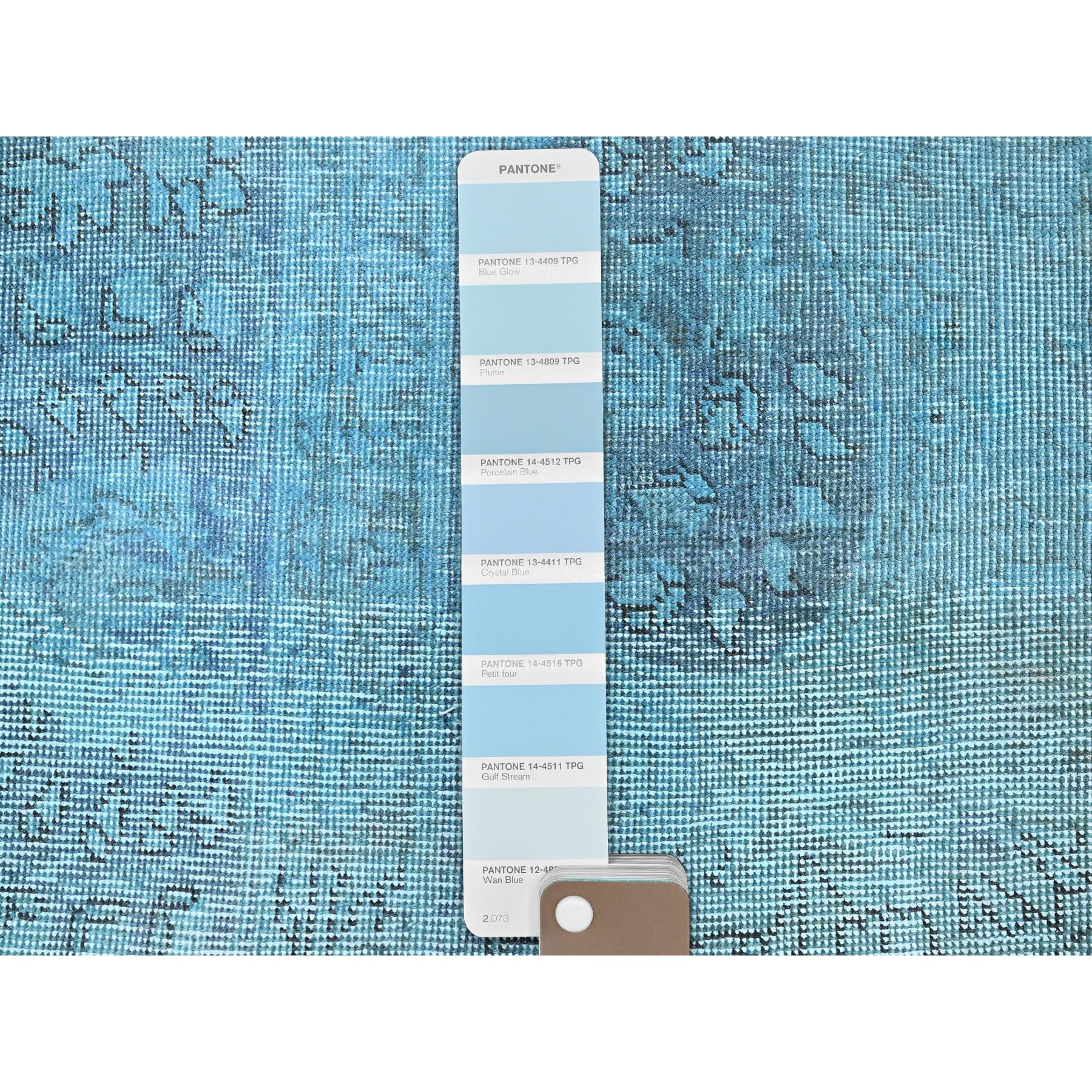 2'x6' Crystal Blue, Overdyed Vintage Persian Tabriz, 100% Wool, Hand Knotted, Worn and Distressed, Sides and Ends Professionally Secured, Shaved Low, Fragment, Short & Narrow Runner, Oriental Rug Sh954