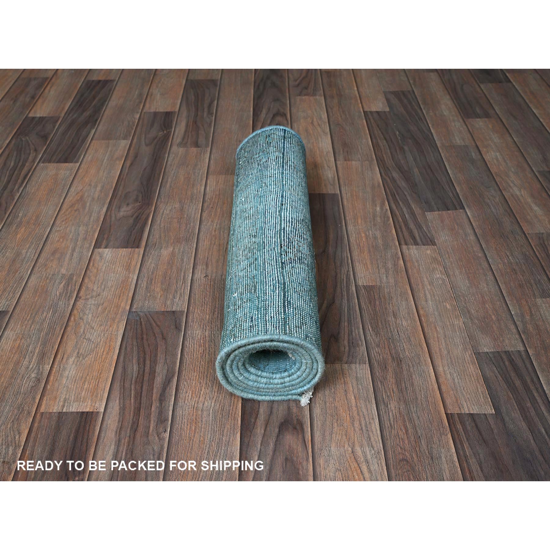 2'x6' Crystal Blue, Overdyed Vintage Persian Tabriz, 100% Wool, Hand Knotted, Worn and Distressed, Sides and Ends Professionally Secured, Shaved Low, Fragment, Short & Narrow Runner, Oriental Rug Sh954