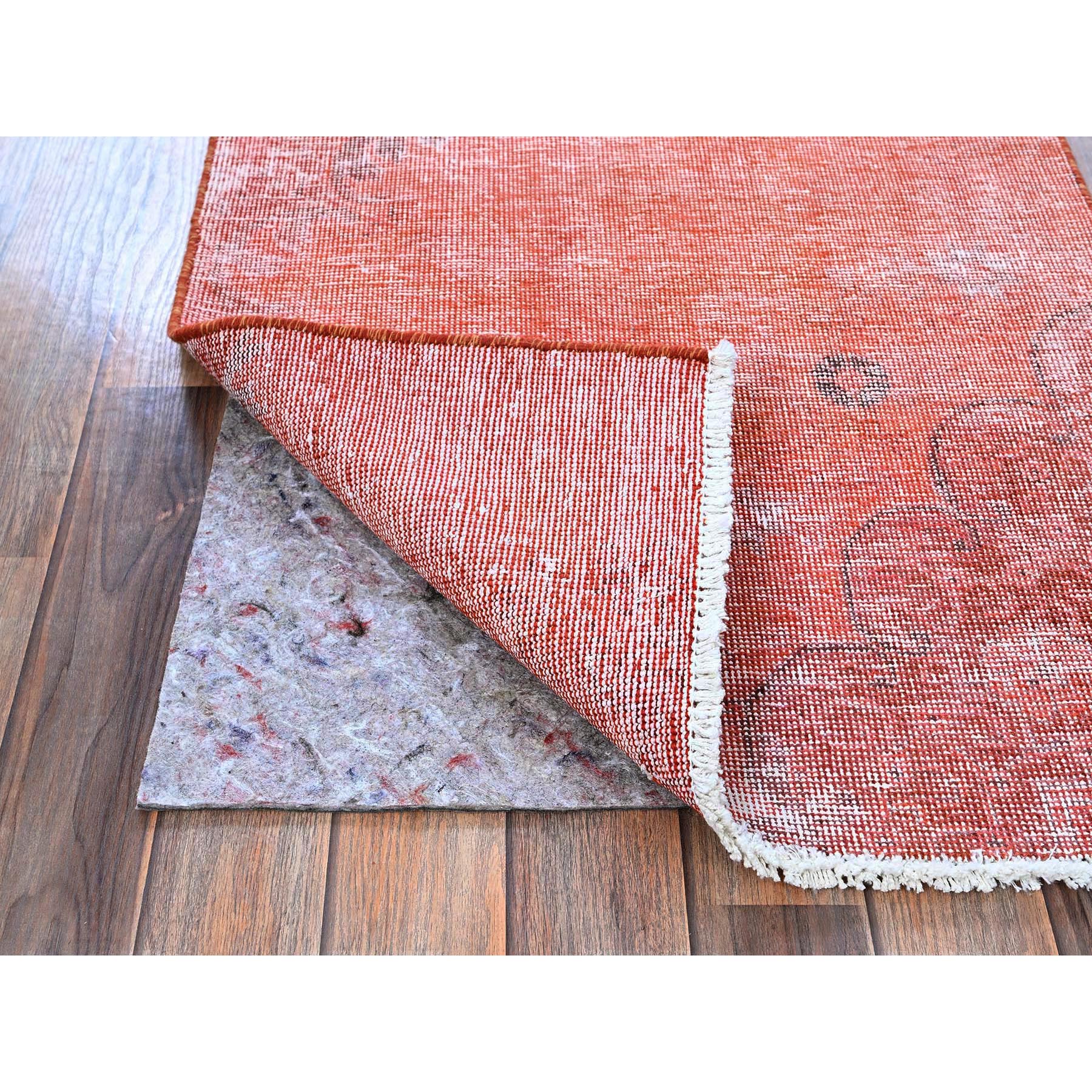 2'4"x5'6" Coral Red, Overdyed Vintage Persian Tabriz, Worn and Distressed, Sides and Ends Professionally Secured, Sheared Low, Hand Knotted, 100% Wool, Fragment, Short & Narrow Runner, Oriental Rug Sh956