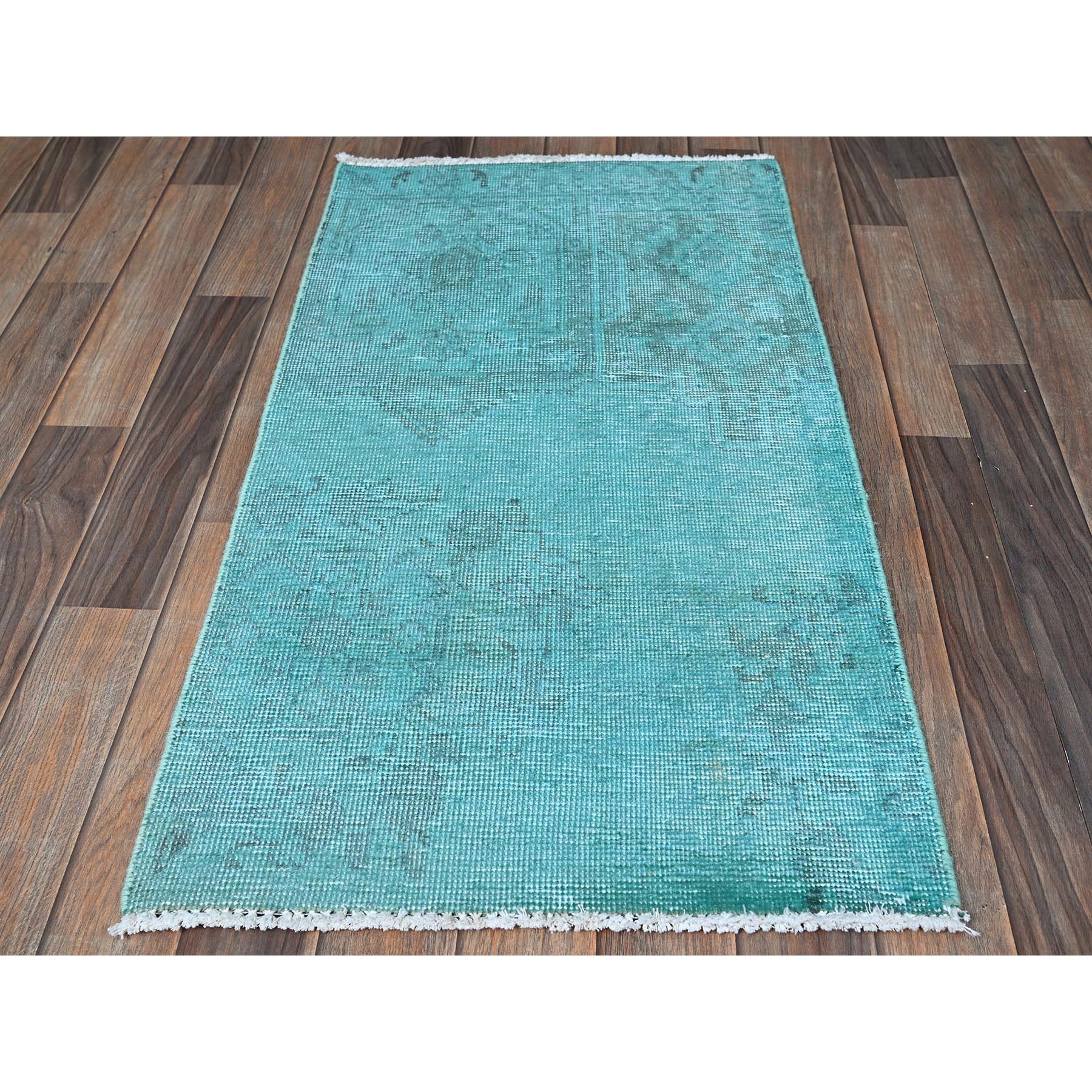 2'x3'6" Aqua Blue, Overdyed Vintage Persian Tabriz, Worn and Distressed, Sides and Ends Professionally Secured, Cropped Thin, Hand Knotted, 100% Wool, Fragment, Mat, Oriental Rug Sh957