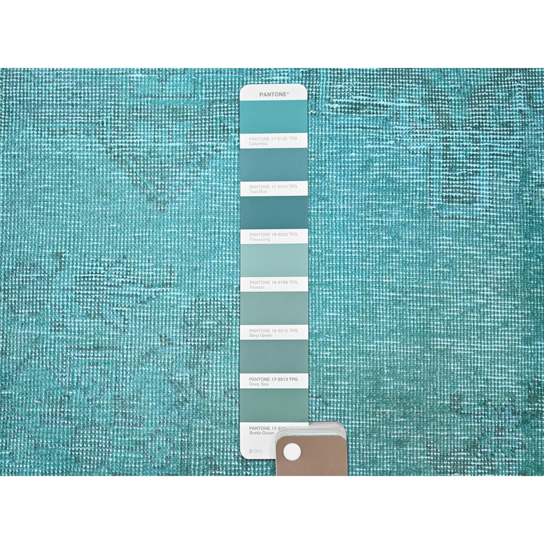 2'x3'6" Aqua Blue, Overdyed Vintage Persian Tabriz, Worn and Distressed, Sides and Ends Professionally Secured, Cropped Thin, Hand Knotted, 100% Wool, Fragment, Mat, Oriental Rug Sh957